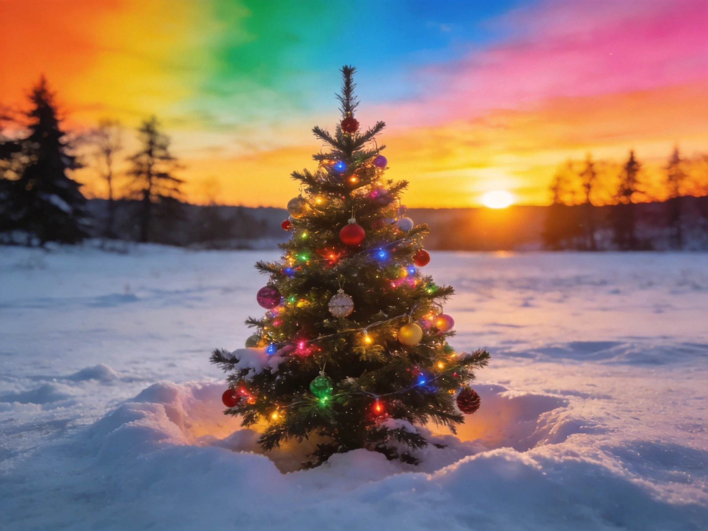 A Small Decorated Christmas Tree in Snow Under a Vibrant Sunset Sky