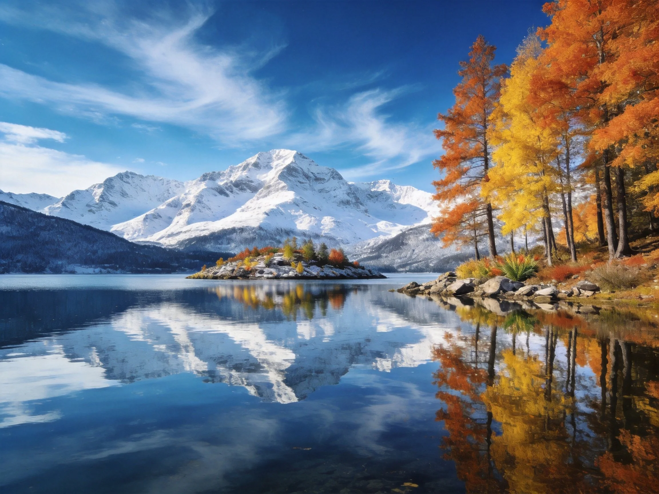 A Snow-Capped Mountain Reflects in a Calm Autumn Lake with Golden and Orange Trees