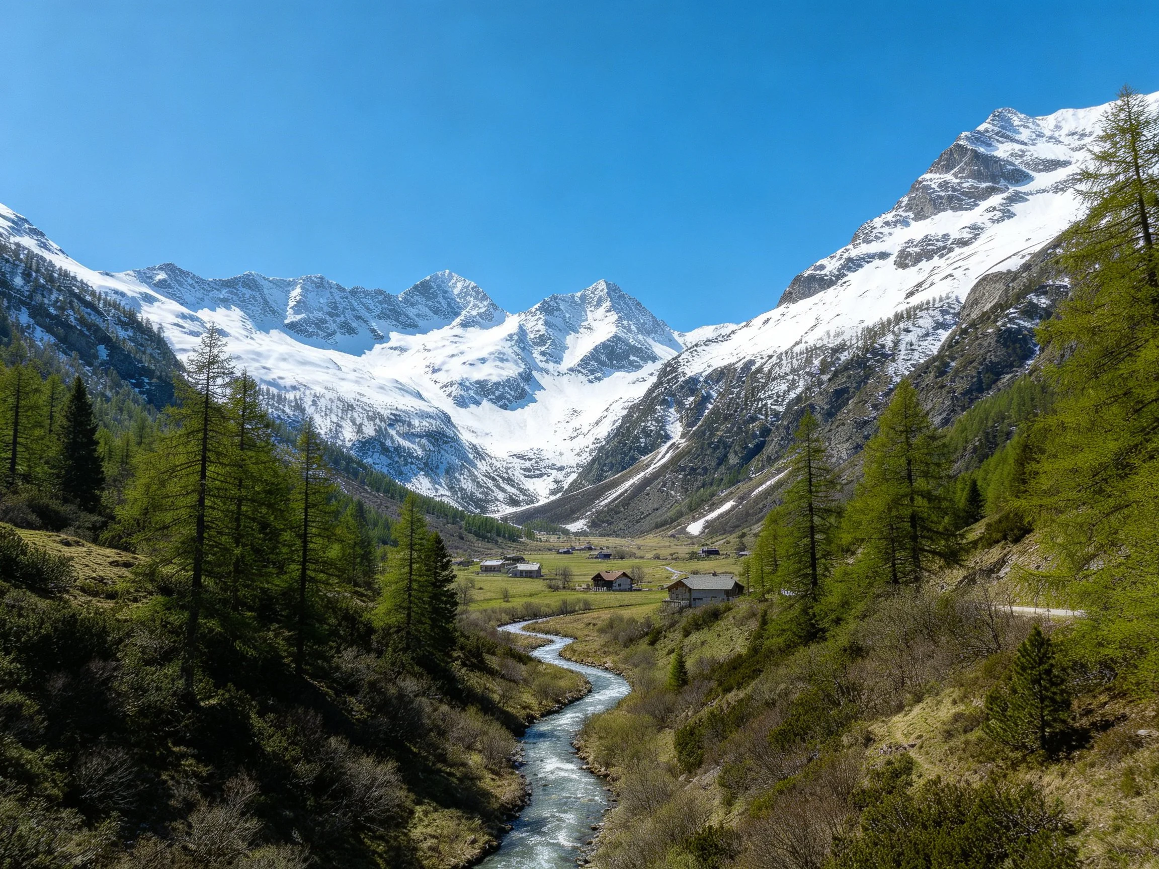 A Snow-Capped Mountain Valley With Winding Stream and Lush Green Forests