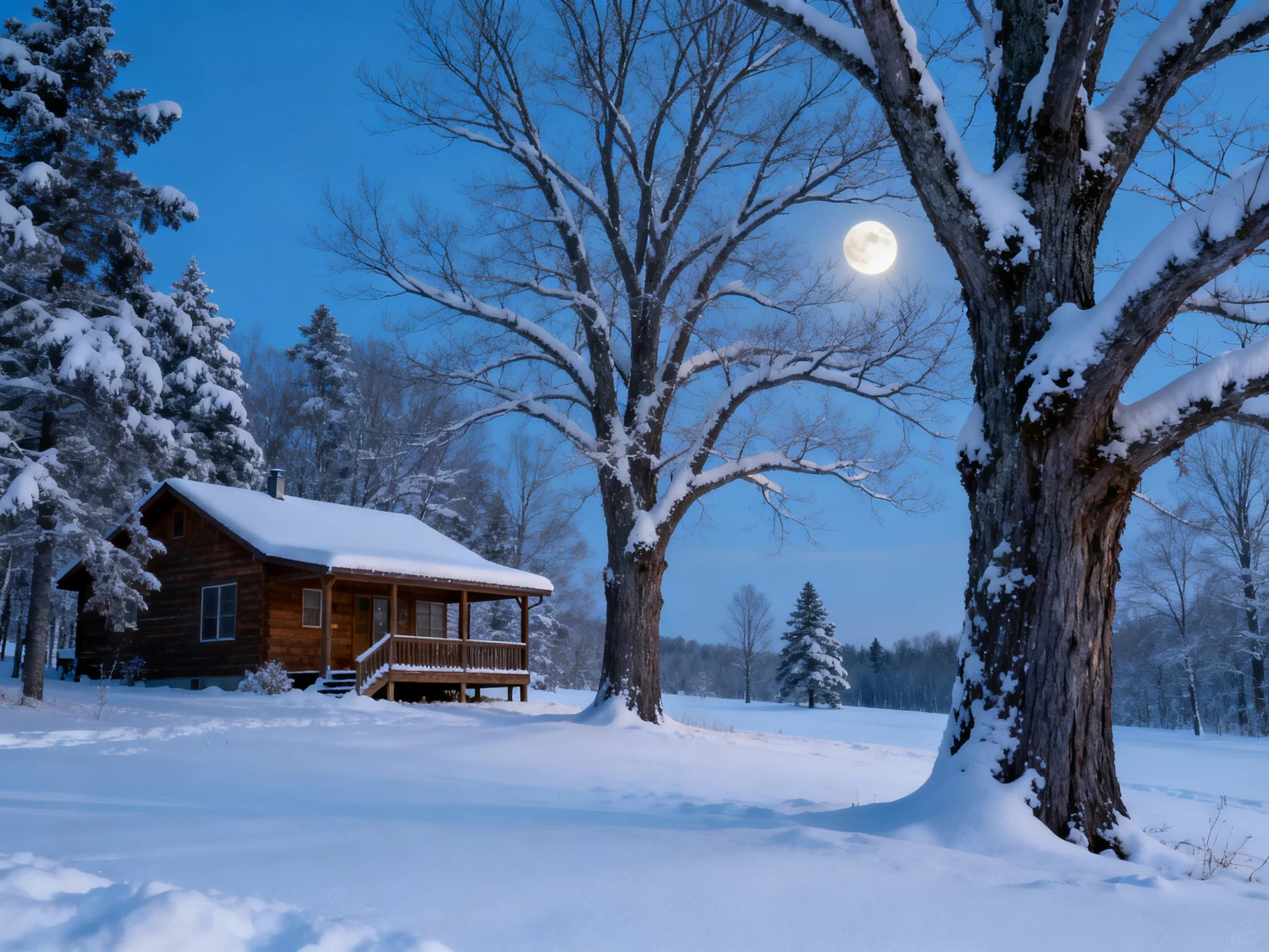 A Snow-Covered Cabin Amid Snow-Laden Trees Under Moonlight