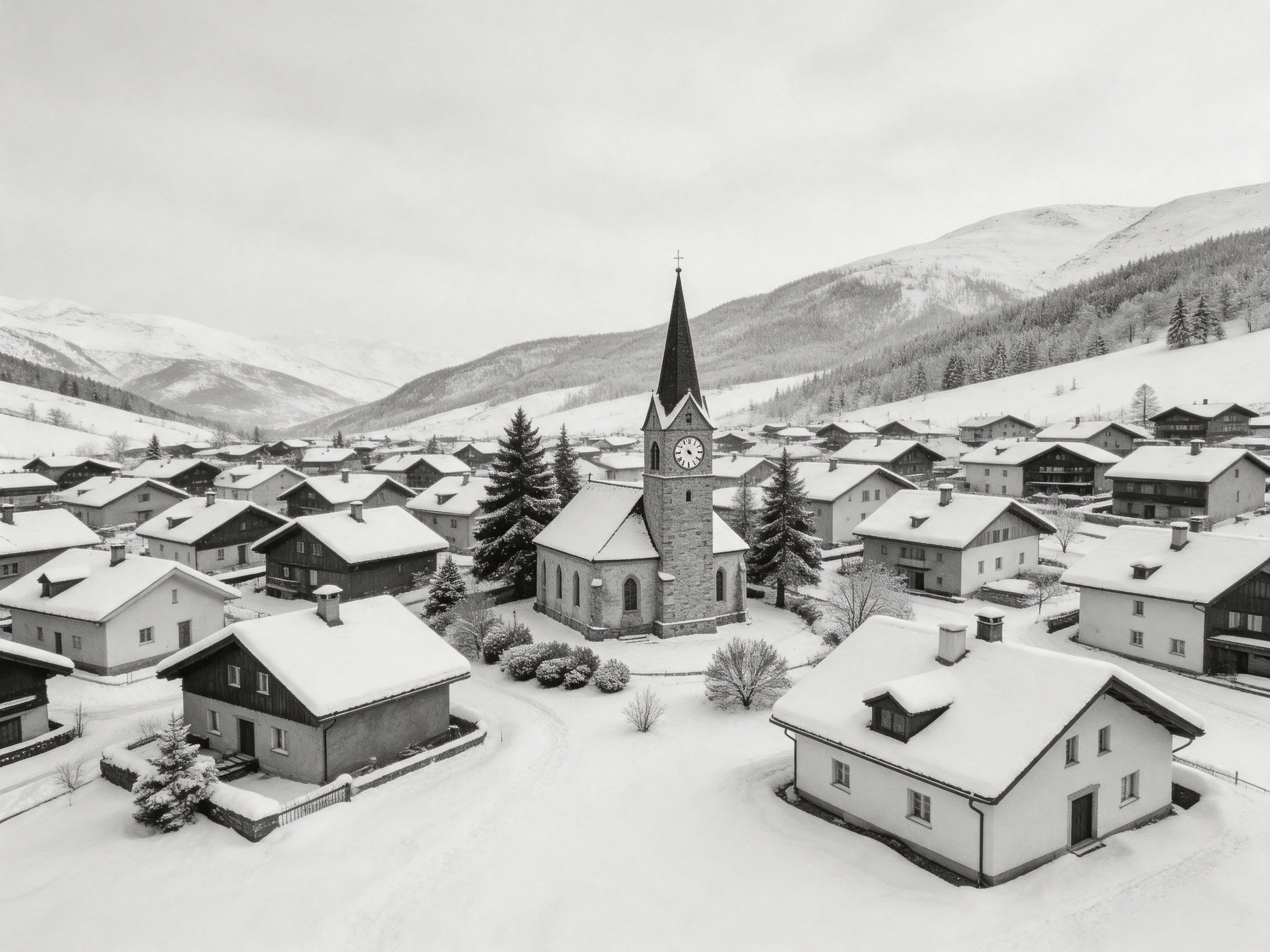 A Snow-Covered Village with Central Church and Mountain Backdrop