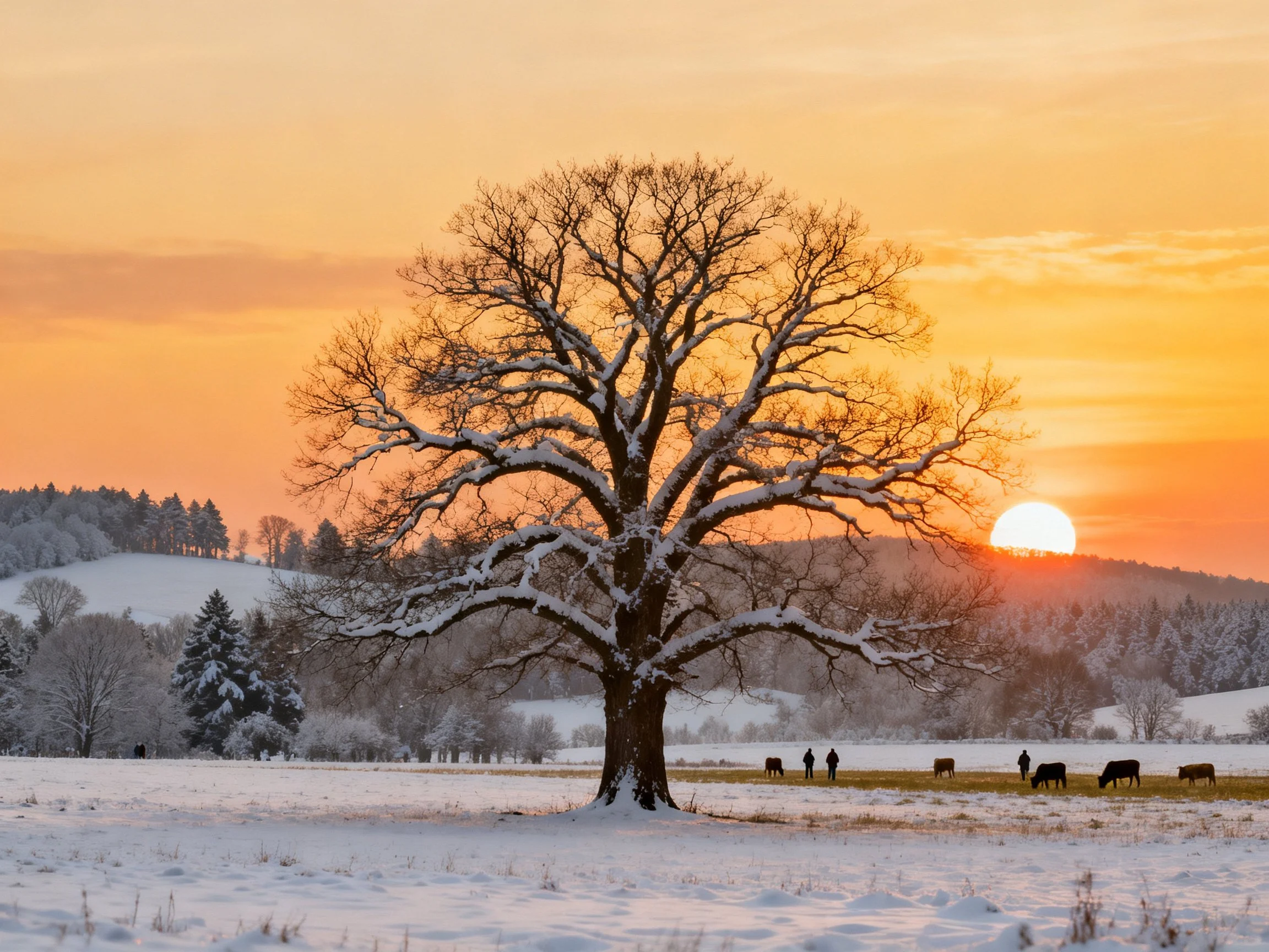 A Snow-Laden Giant Oak Tree Beneath a Warm Sunset Sky
