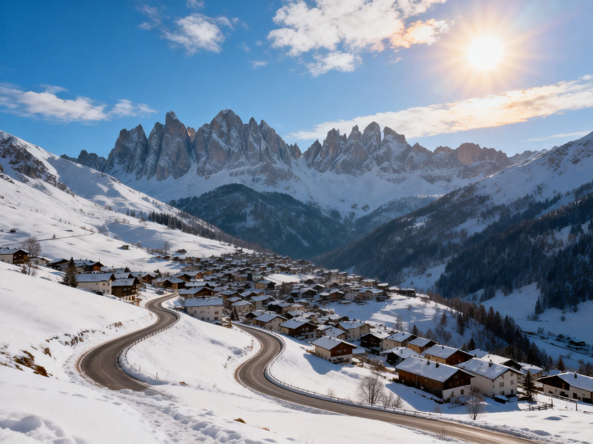 A Snowy Alpine Village Beneath Towering, Jagged Mountain Peaks