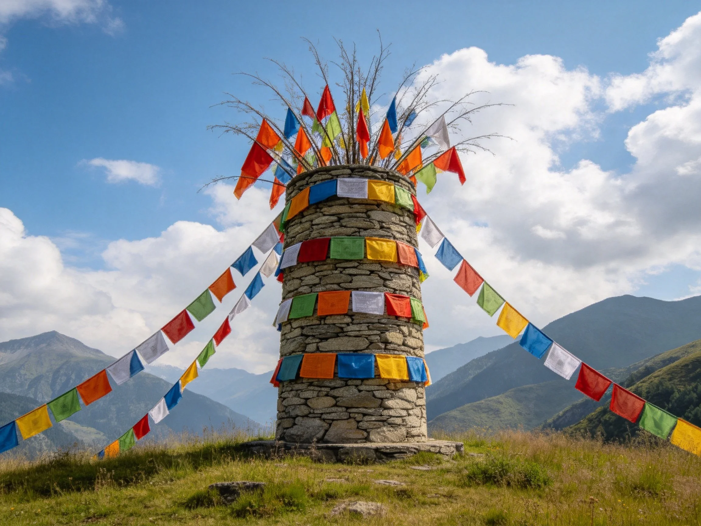 A Stone Tower Decorated with Vibrant Prayer Flags Near Mountain Peaks