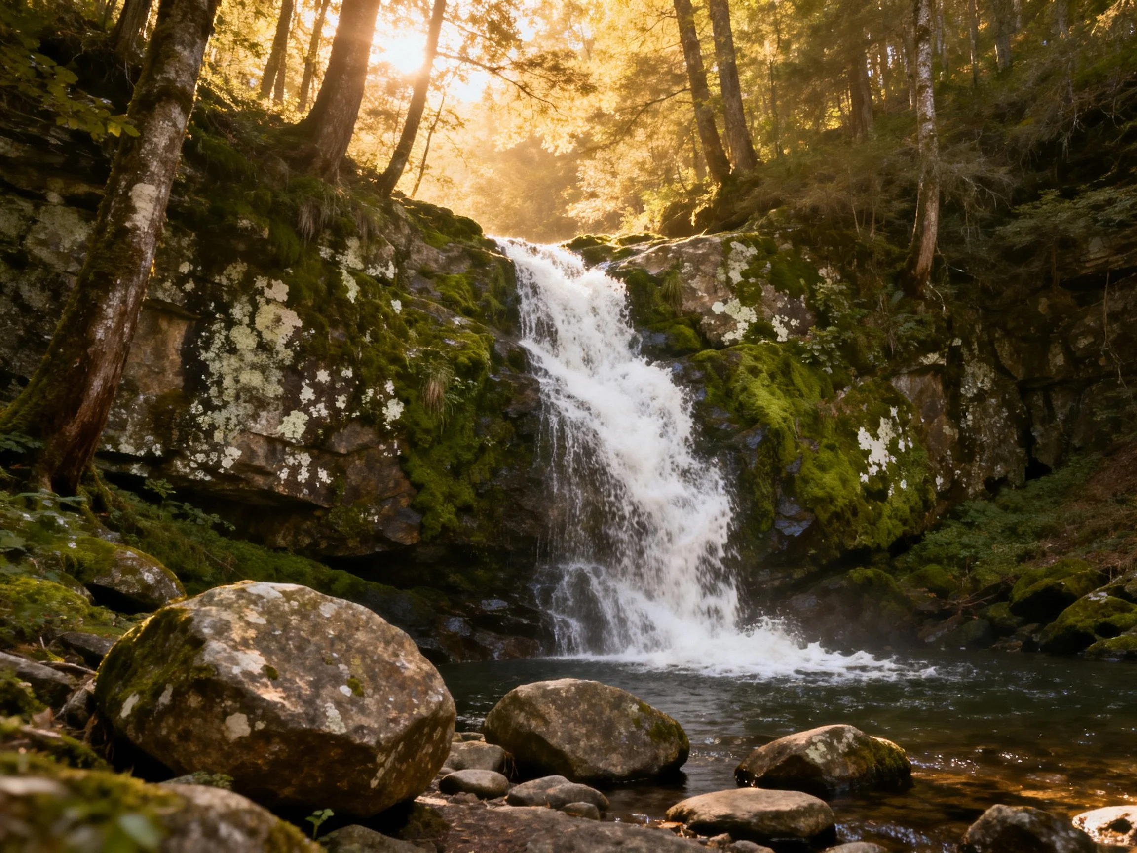 A Sunlit Forest Waterfall with Moss-Covered Rocks