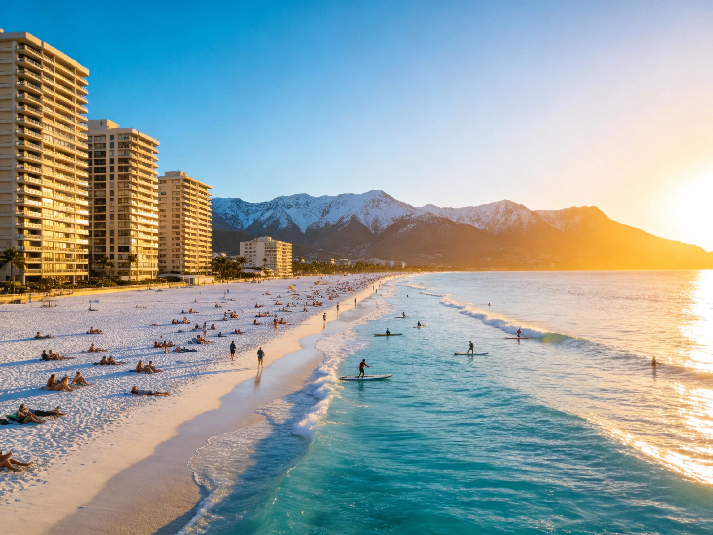 A Sunny Beach Scene with High-Rise Buildings, Swimmers, and Snow-Capped Mountains