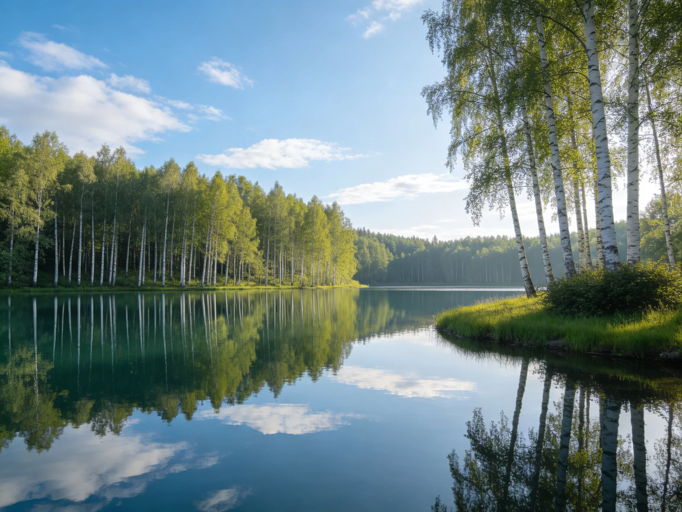 A Tranquil Lake Reflects Birch Trees and Forest Under Bright Blue Sky