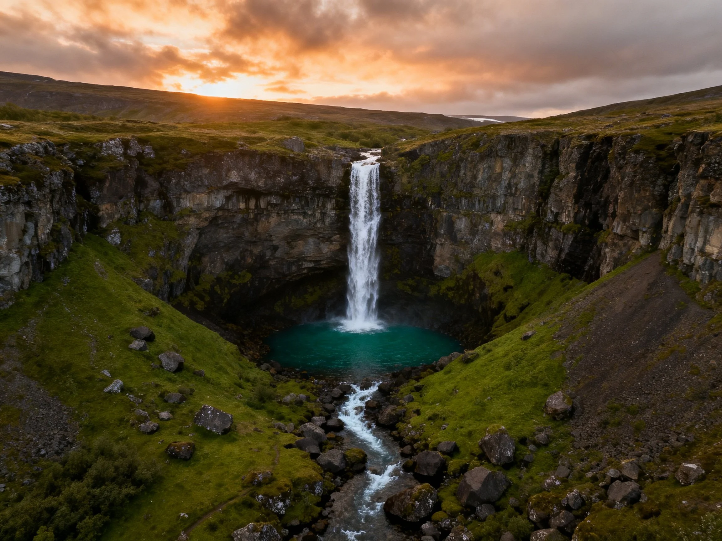 A Turquoise Pool Beneath a Tall Waterfall at Sunset