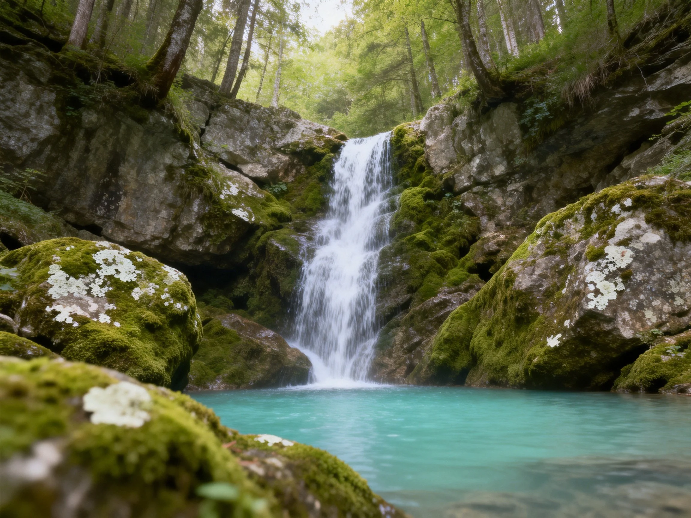 A Turquoise Pool Under a Moss-Covered Waterfall in a Dense Forest
