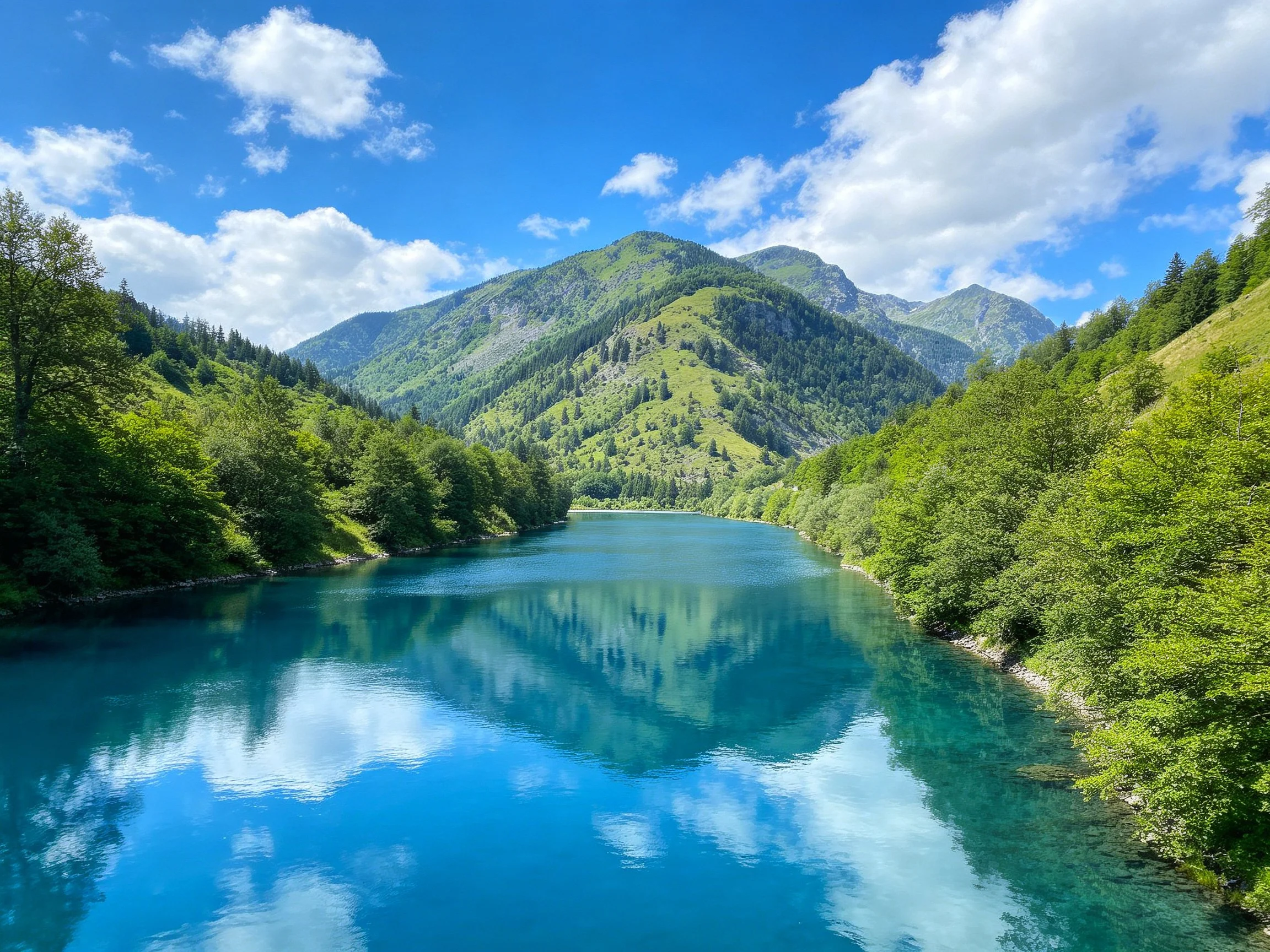 A Turquoise River Reflects Lush Green Mountain Slopes Under Bright Skies