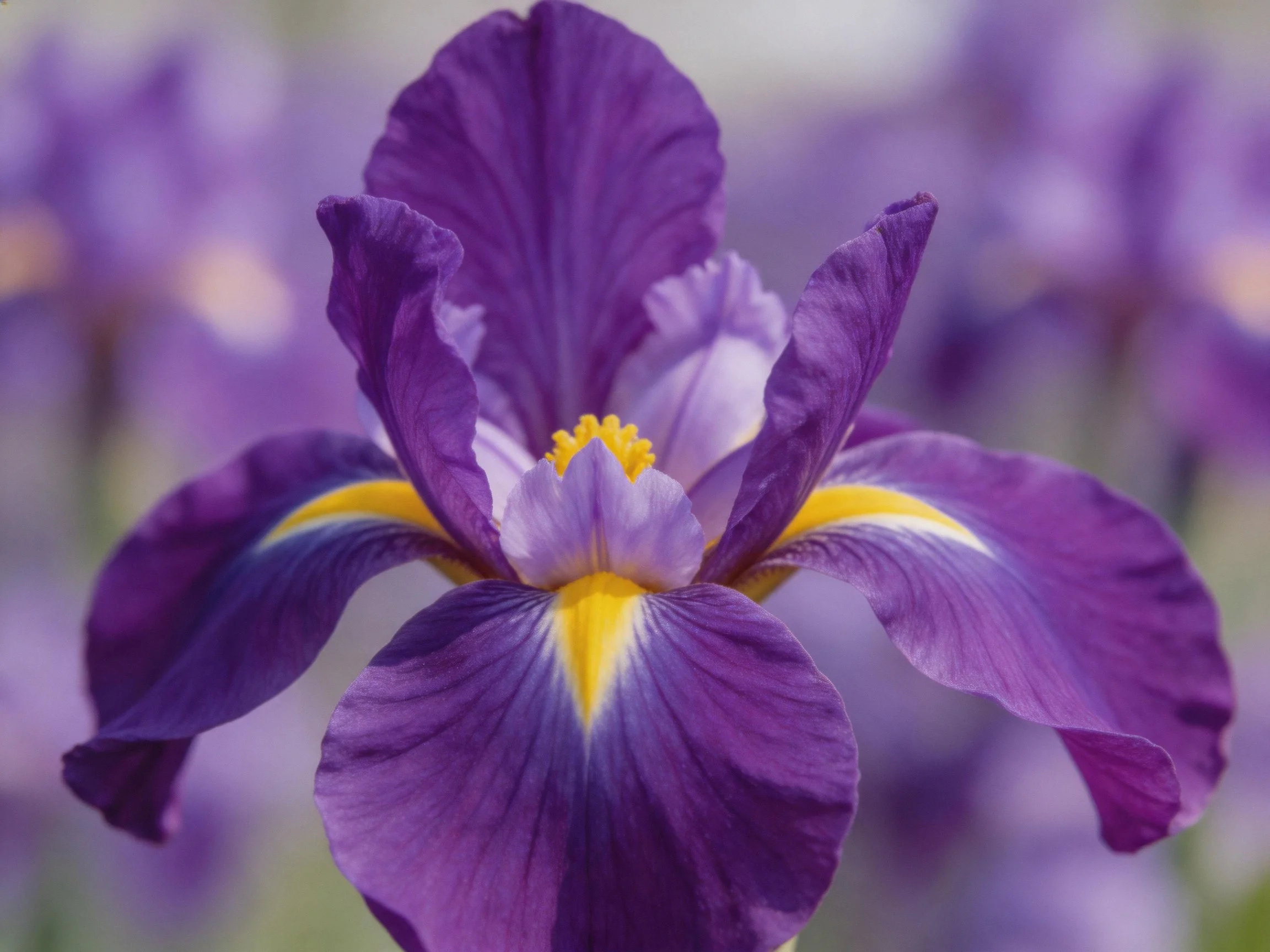 A Vibrant Purple Iris Flower with Yellow Accents and Blurred Background