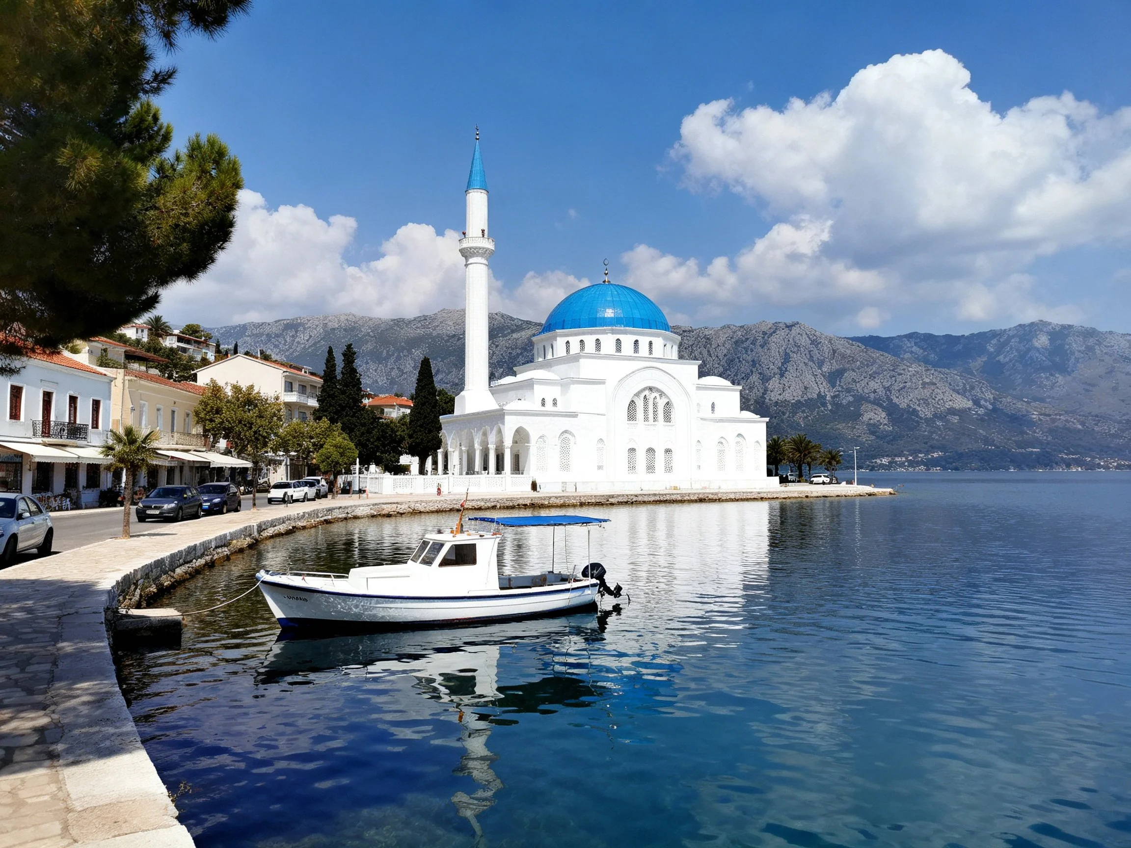 A White Mosque with Blue Dome by Coastal Waterside