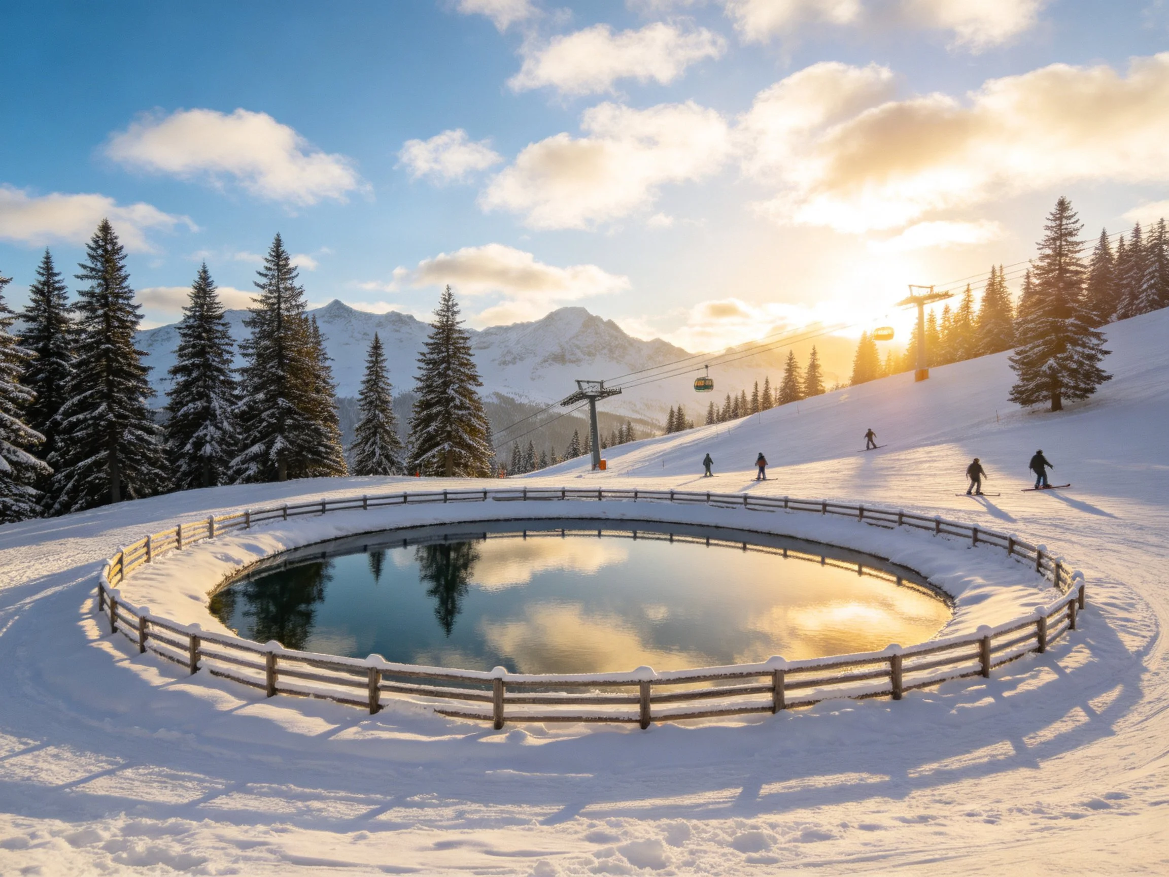 A Winter Mountain Scene with Frozen Pond, Skiers, and Ski Lift
