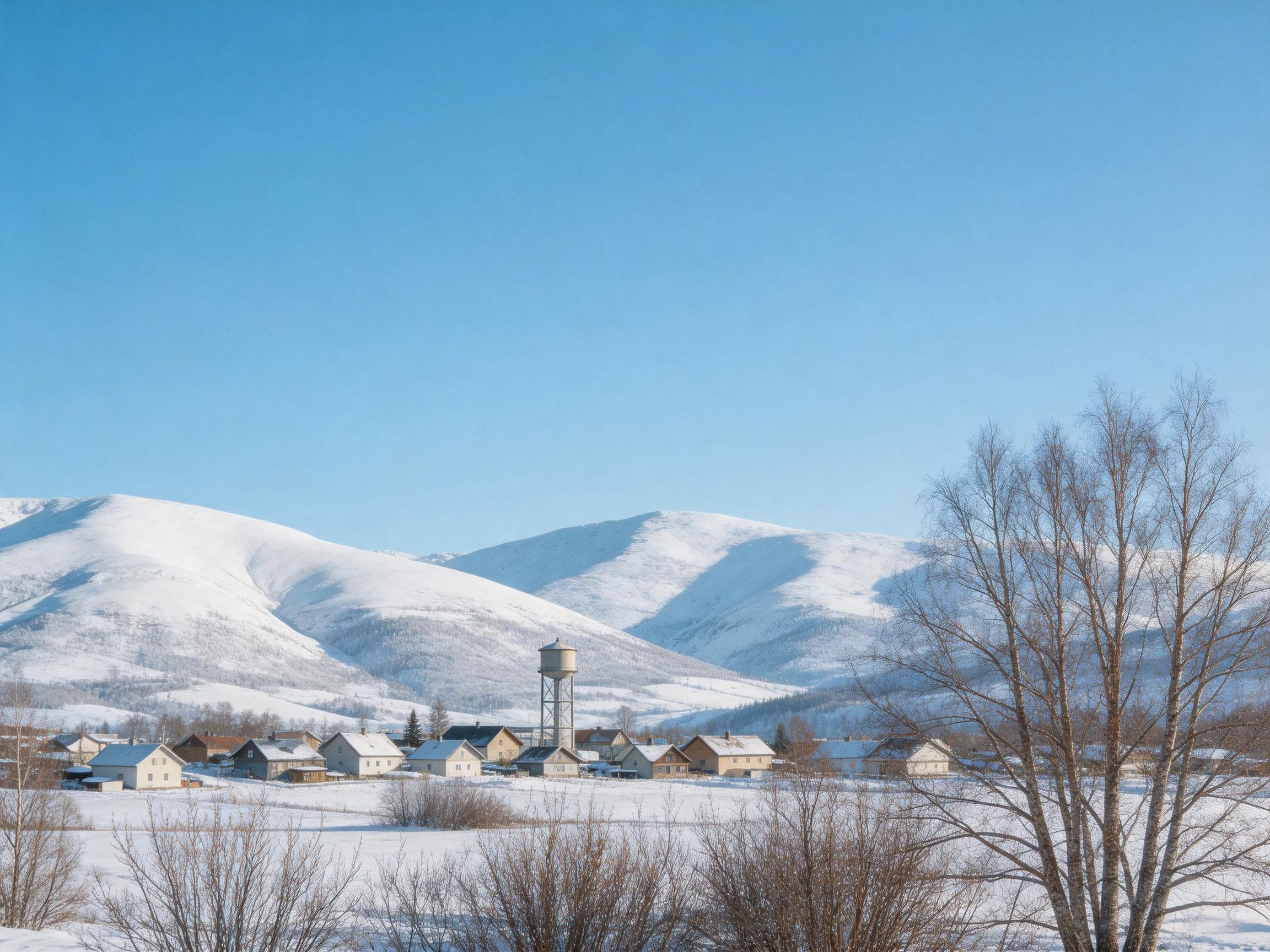 A Winter Village with Snow-Capped Mountains and a Water Tower
