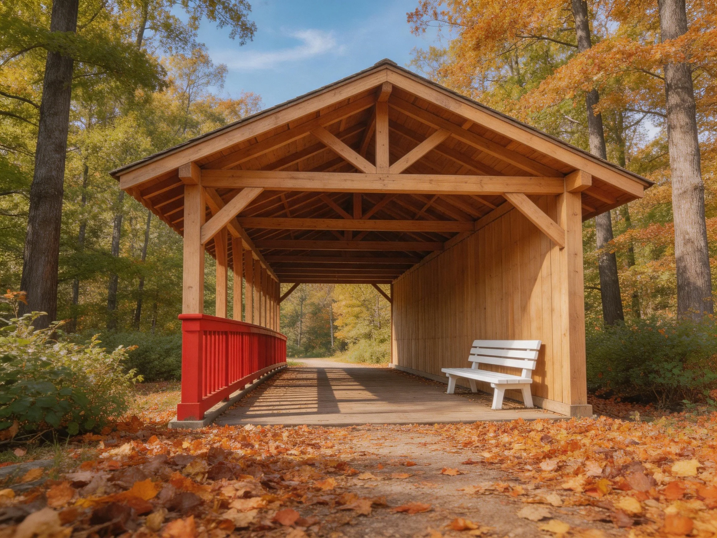 A Wooden Covered Bridge Amidst Autumn Foliage