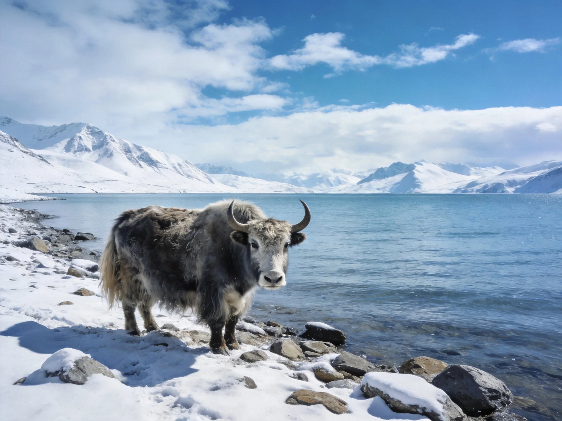 A Yak Stands Near a Snow-Covered Lakeshore by Majestic Mountains