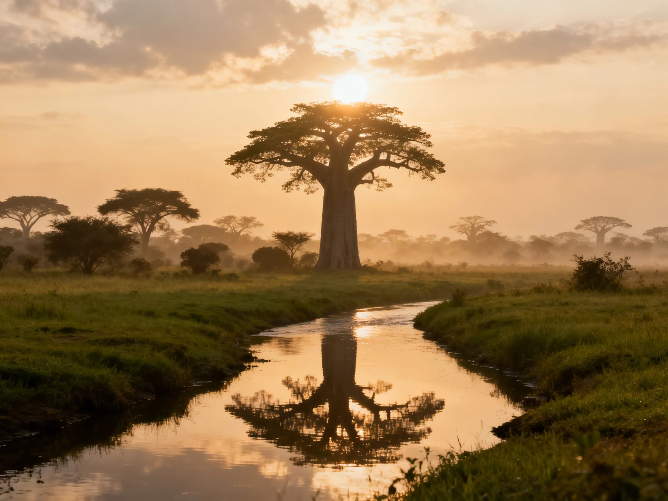 A baobab tree reflected in a golden savannah stream at dawn