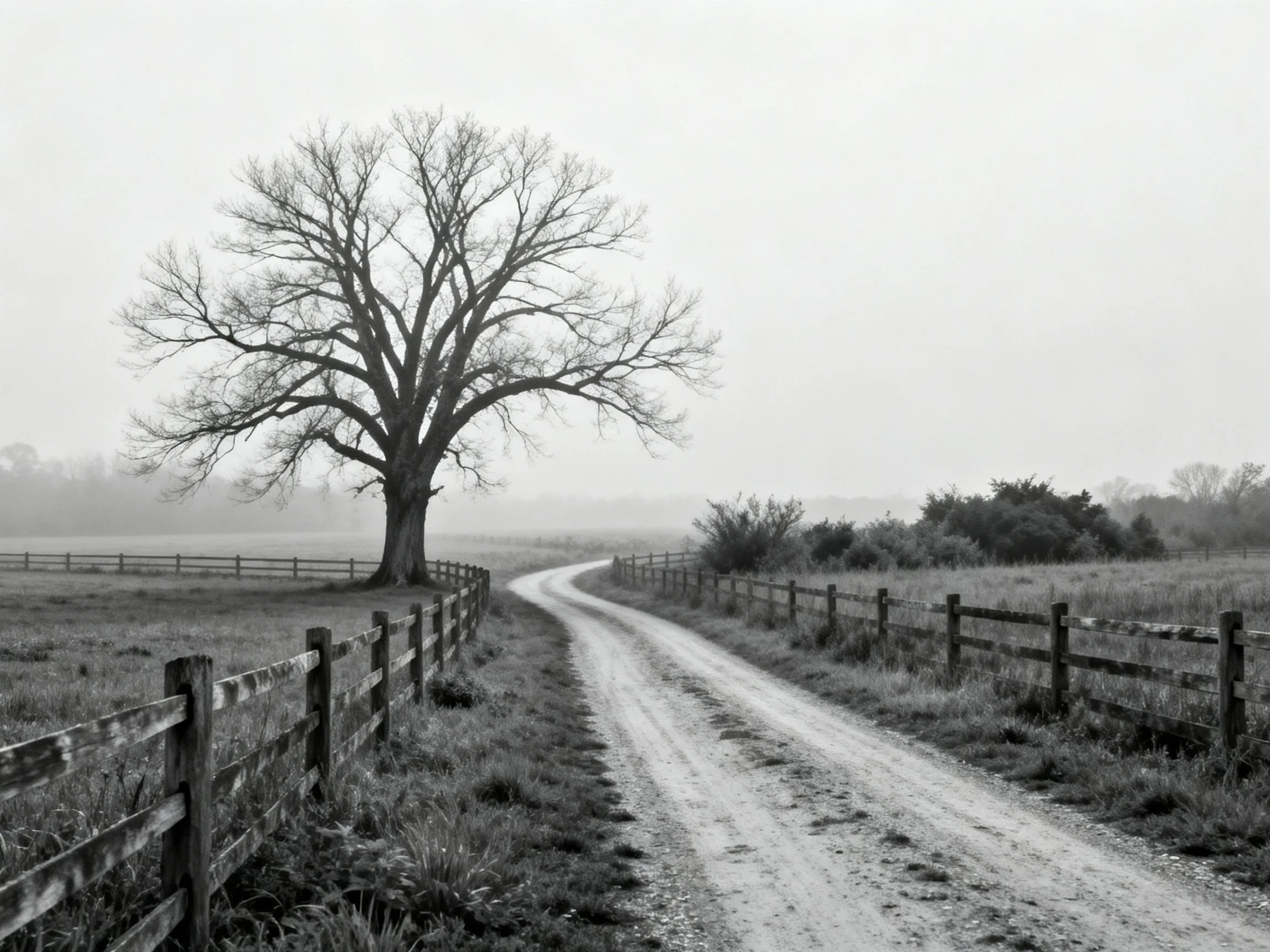 A bare, solitary tree near winding dirt road with wooden fences