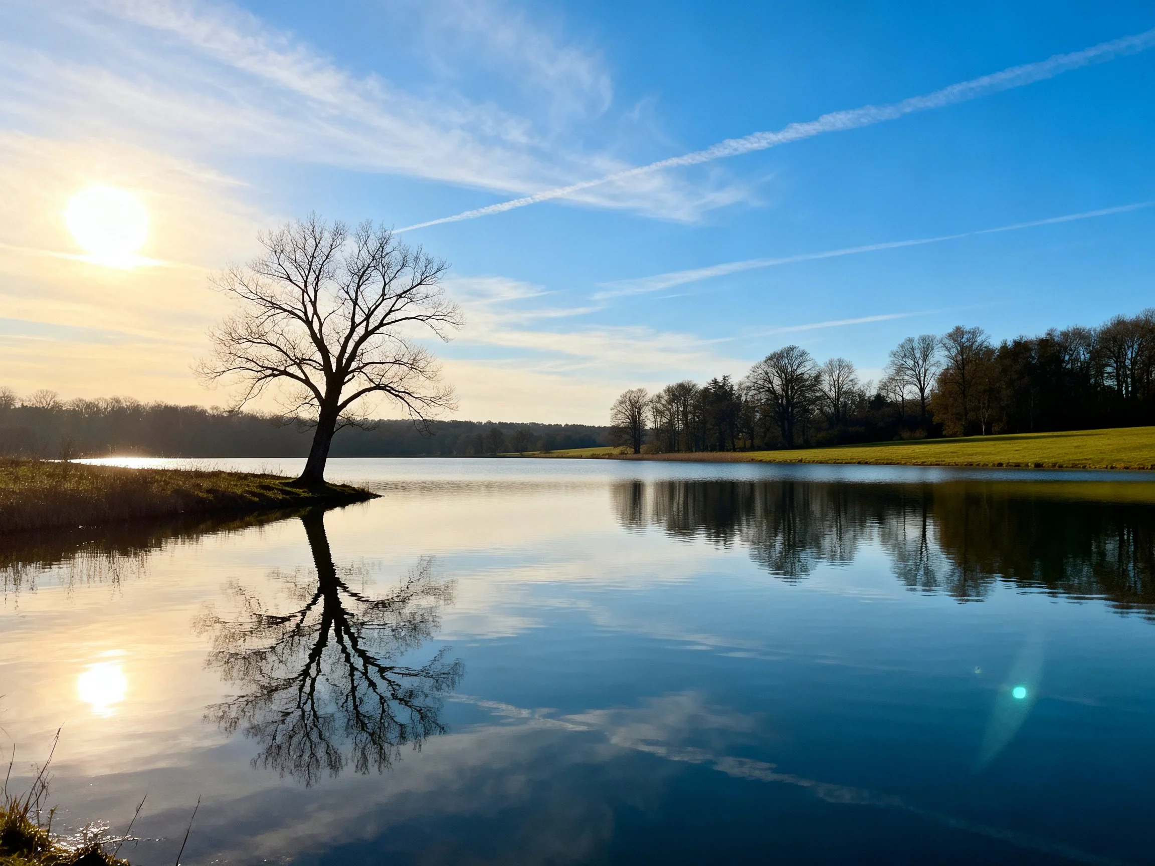 A bare tree reflects in calm lake waters against bright blue sky