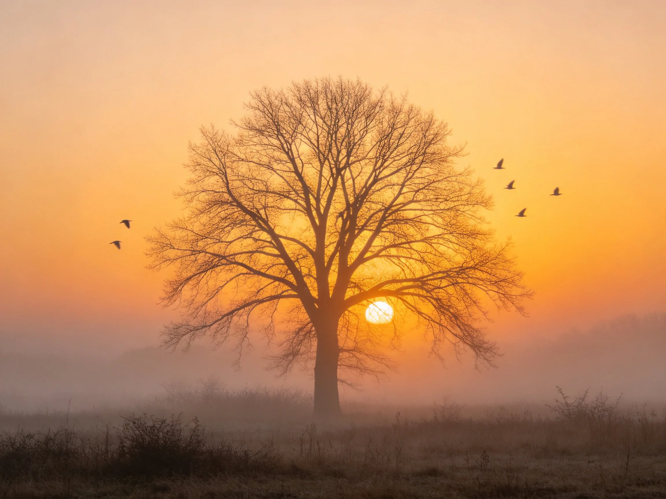 A bare tree silhouetted against an orange-hued sunrise with flying birds