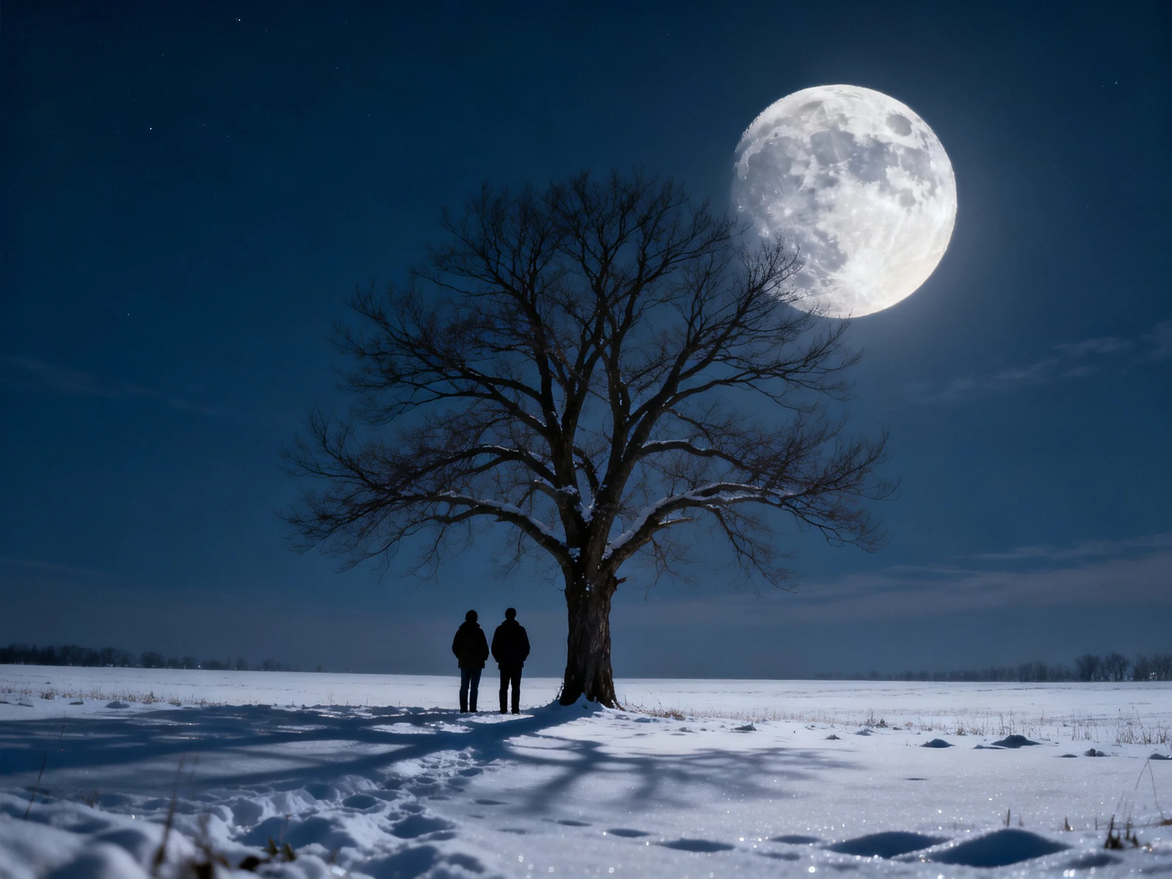 A bare tree stands beside two figures under a bright full moon in a snowy landscape