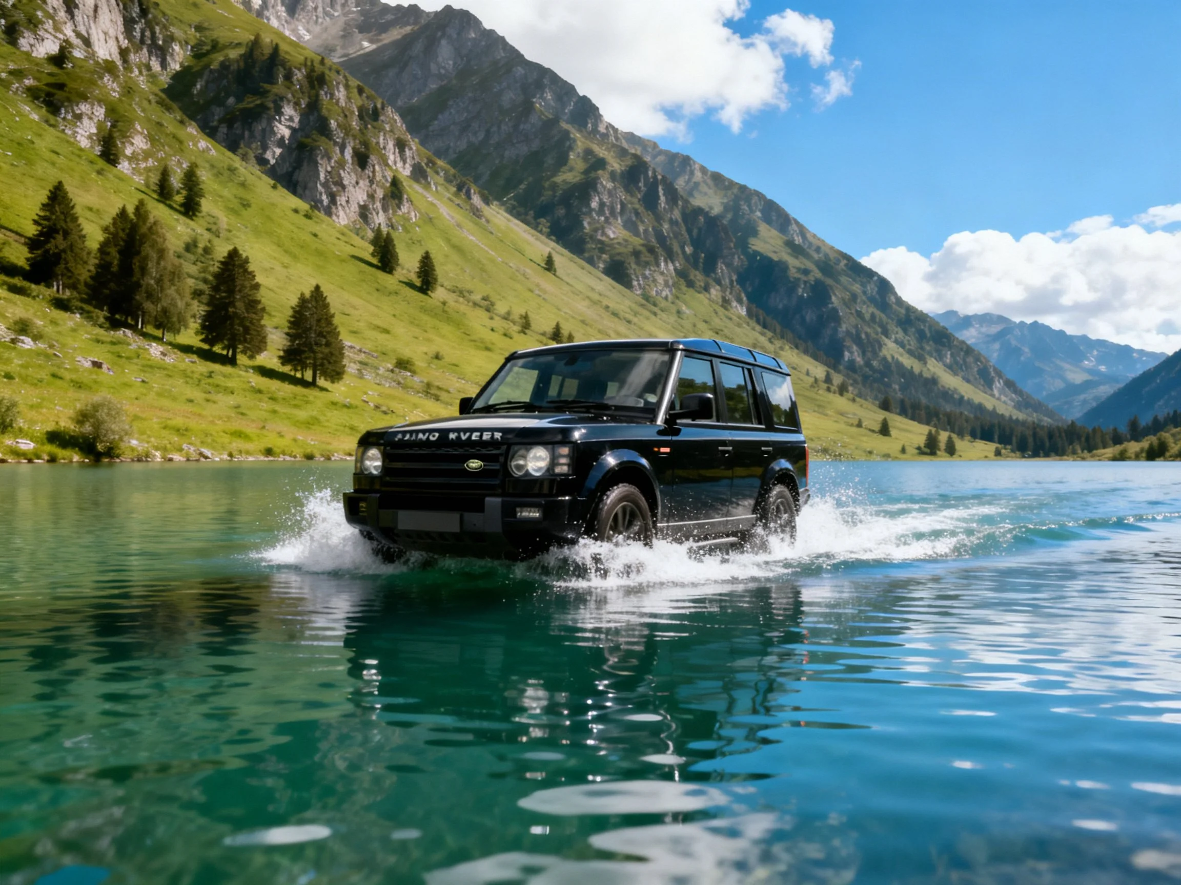 A black SUV fording turquoise waters near lush green mountains