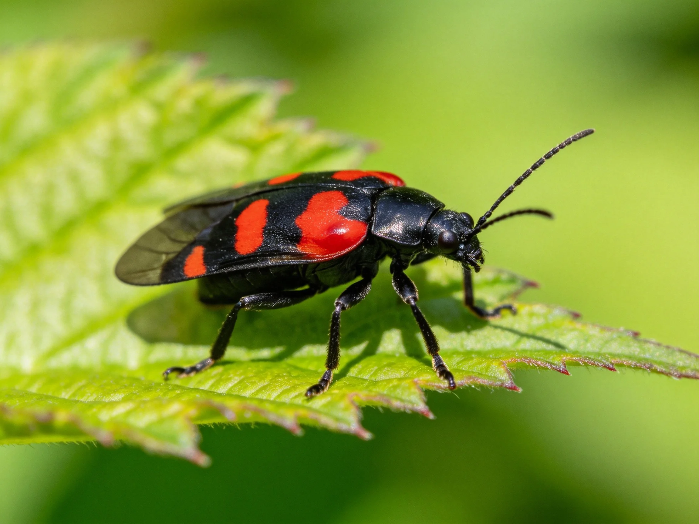 A black and red beetle rests on a vibrant green leaf