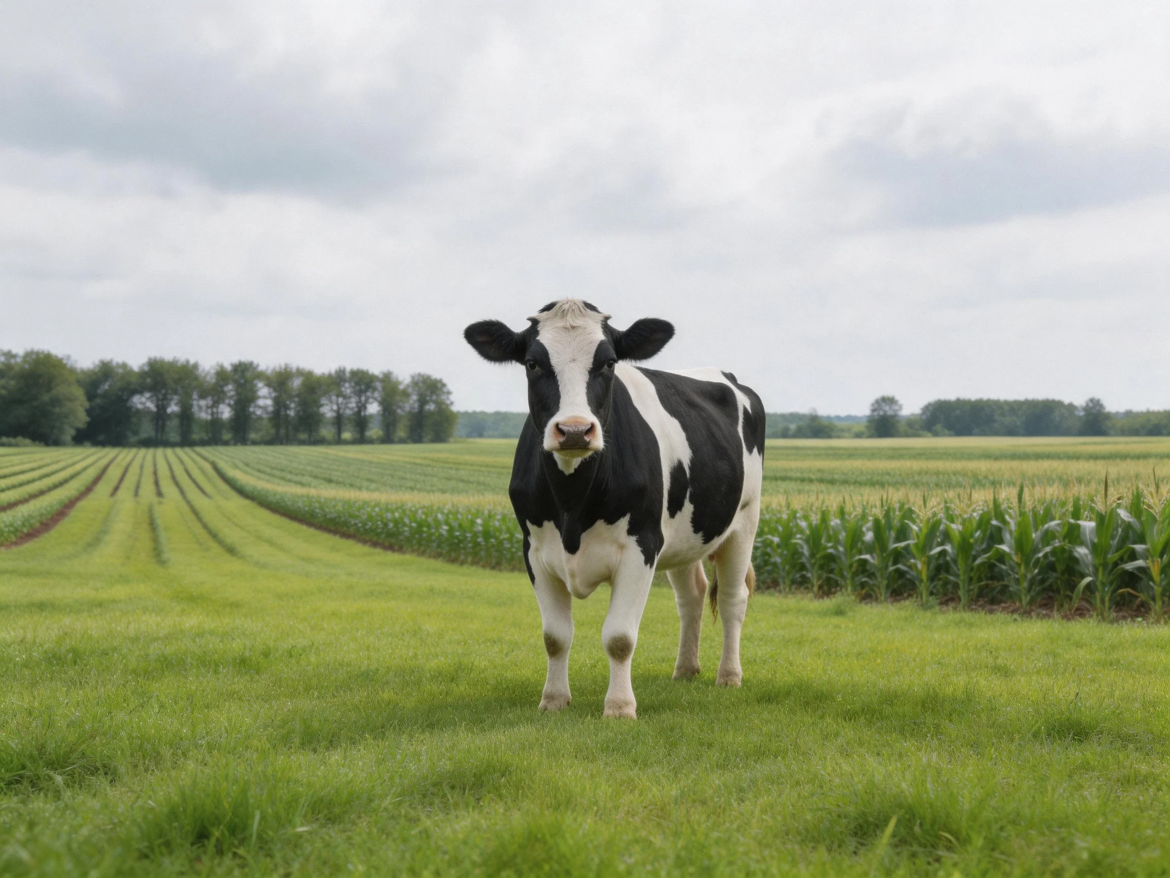 A black and white cow stands in a lush green farm field