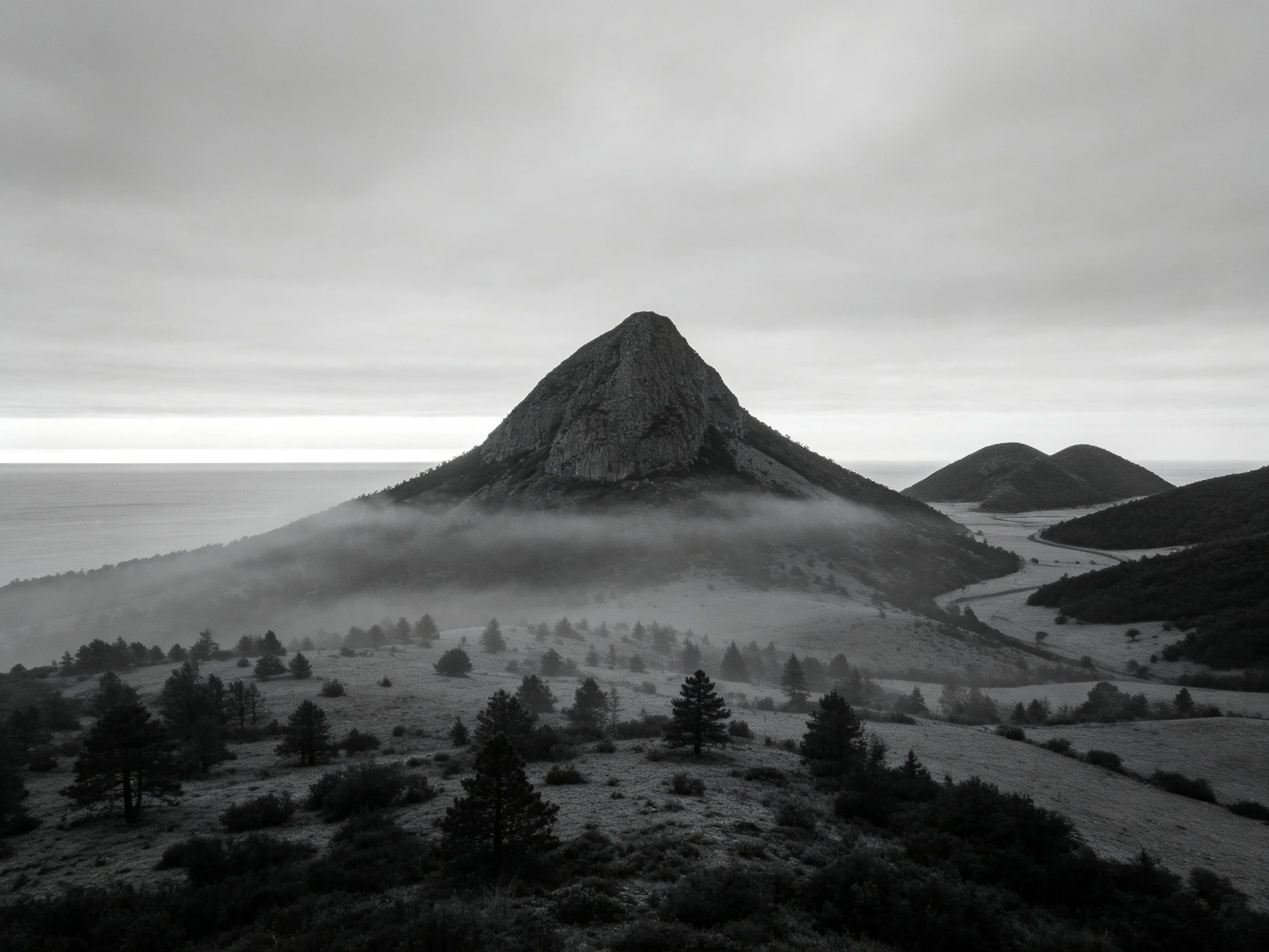 A black-and-white landscape with a central triangular mountain, mist, and scattered trees