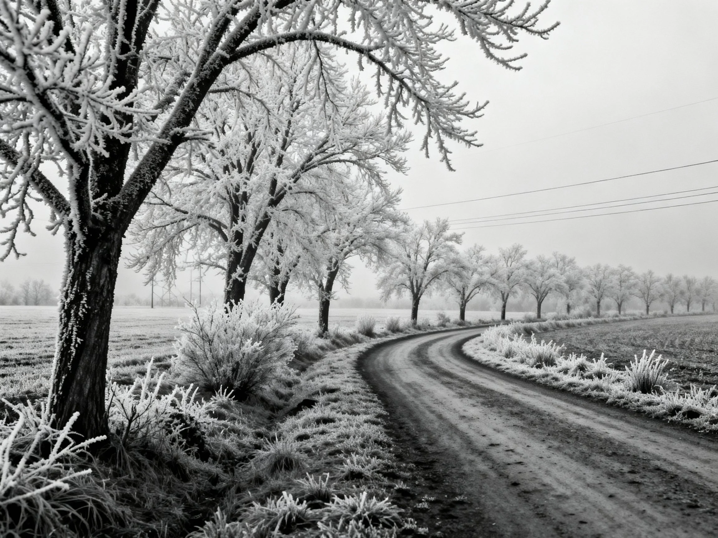 A black and white photograph showing frost-covered trees lining a winding winter country road