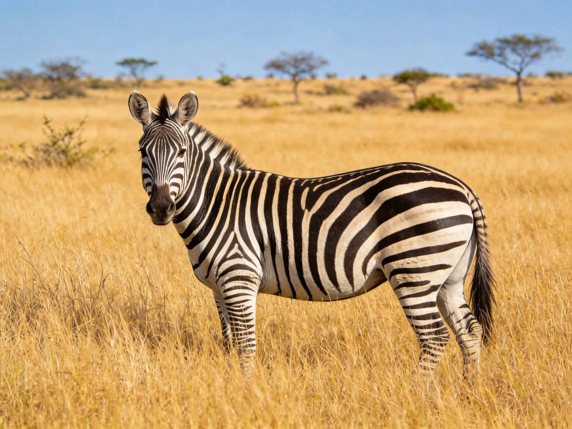 A black-and-white striped zebra in golden savannah grass