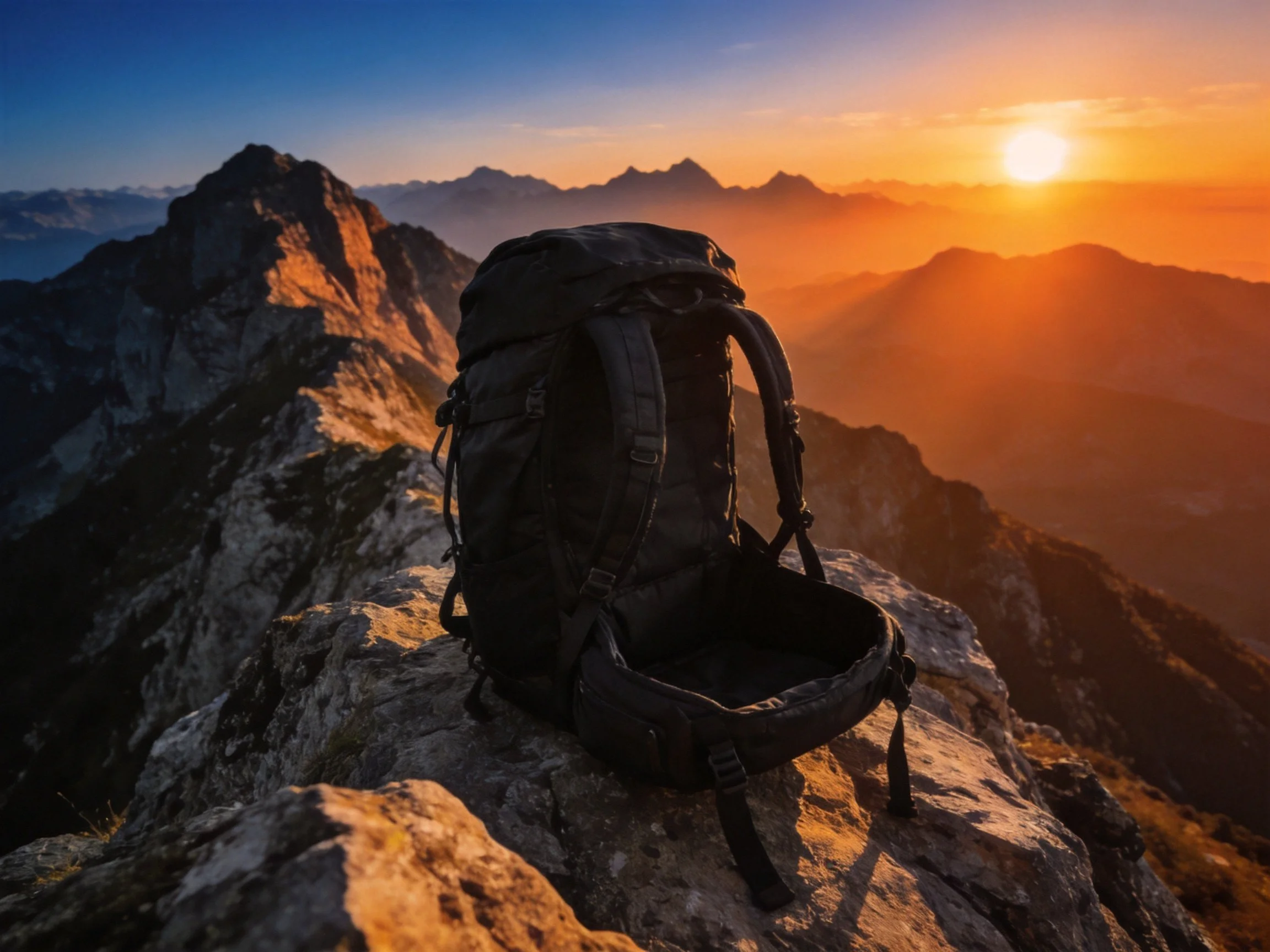 A black backpack sits on a rocky mountain peak during sunset