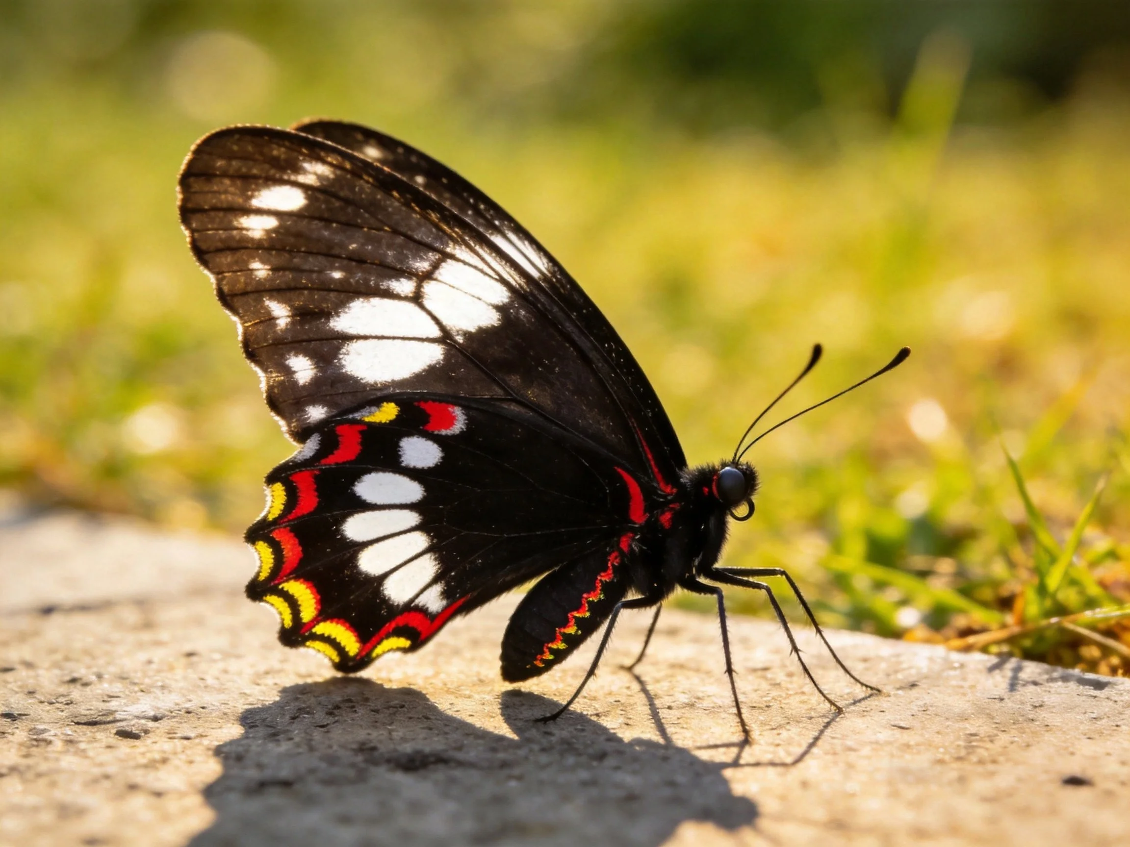 A black butterfly with colorful wing patterns resting outdoors