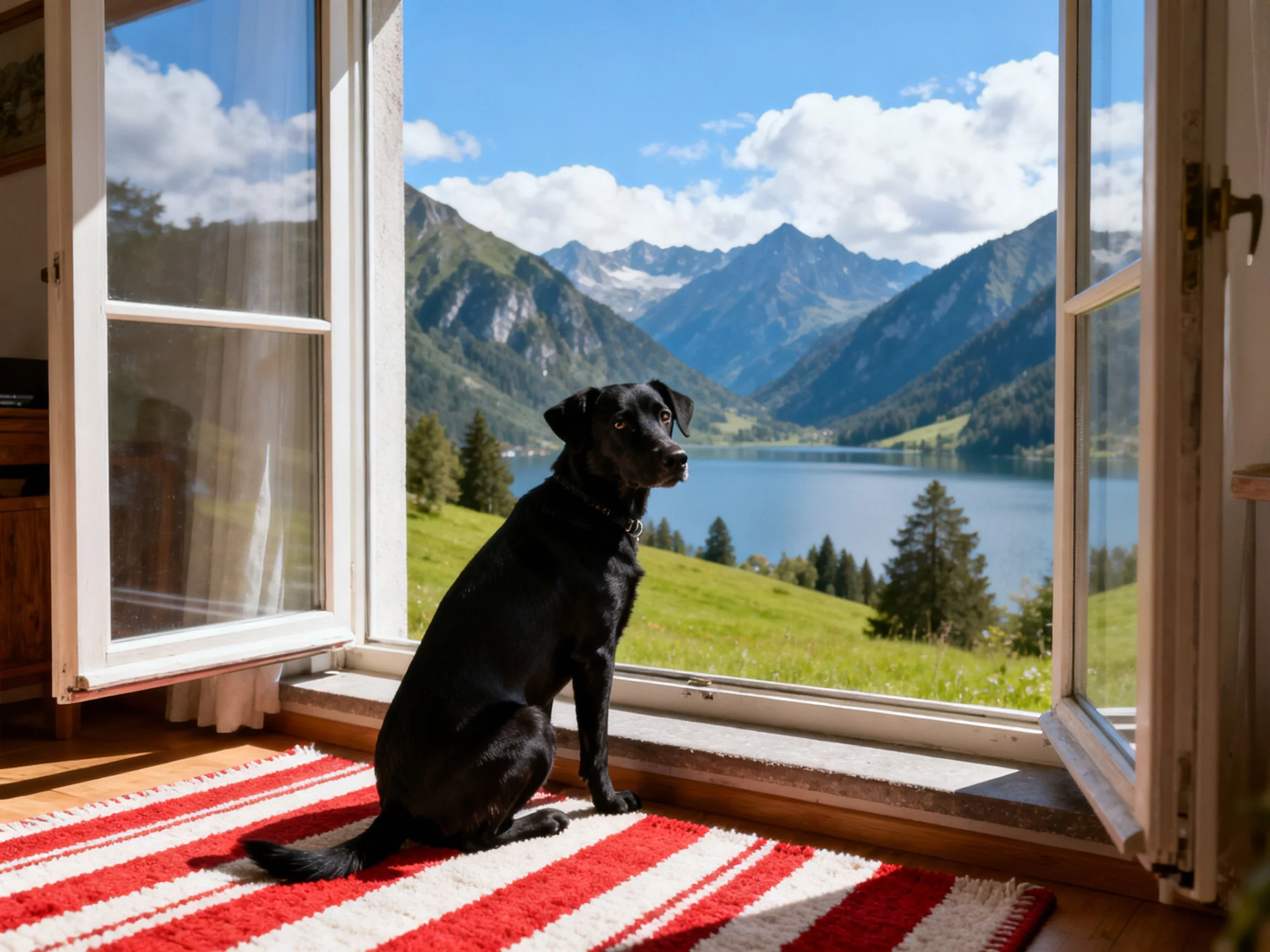 A black dog sits by an open window overlooking a mountain lake