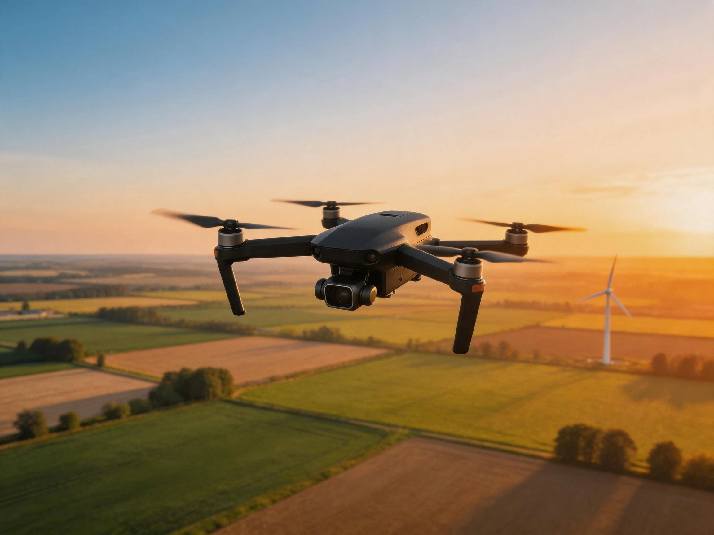 A black drone flies over farmland near a wind turbine at sunset