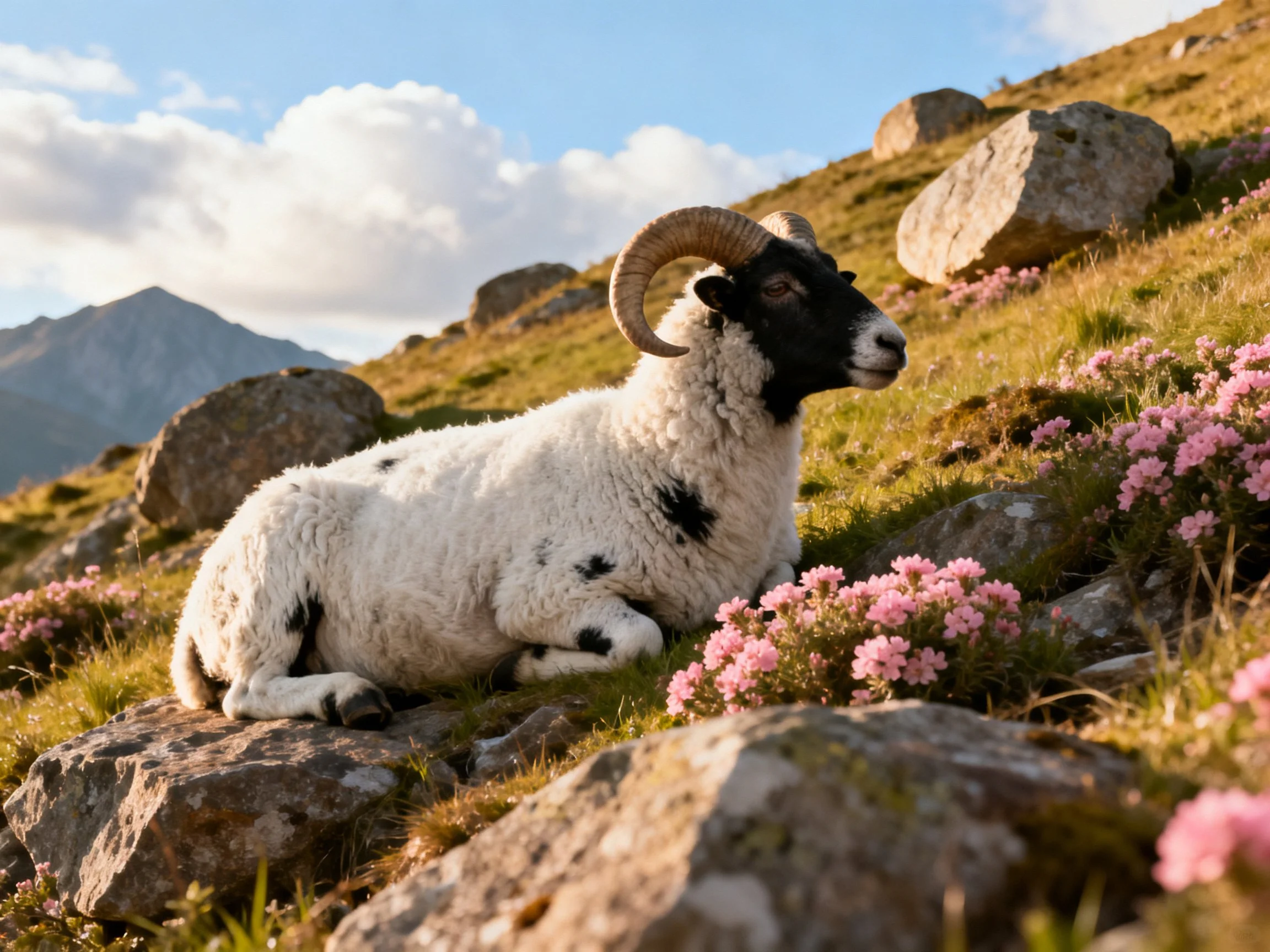 A black-faced horned sheep rests amid pink flowers and boulders
