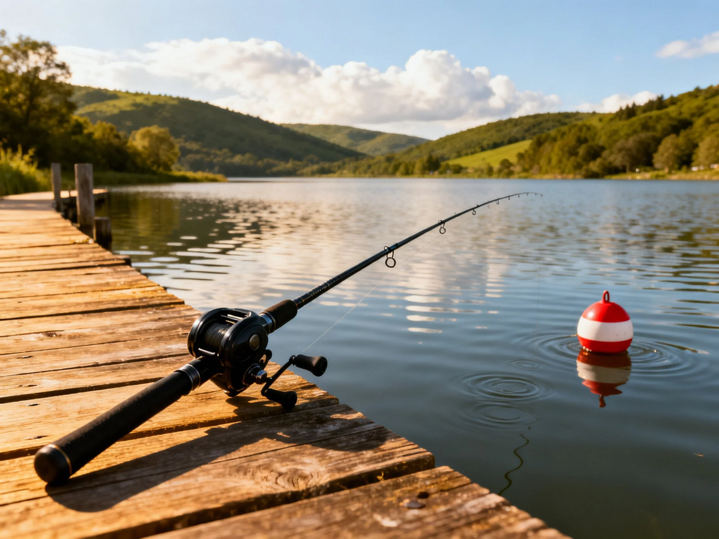 A black fishing rod rests on a wooden dock near a red-and-white buoy