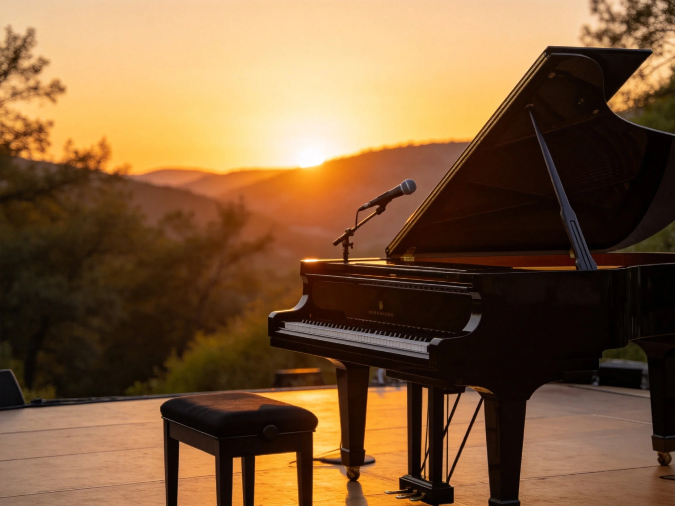 A black grand piano near mountains during golden sunset