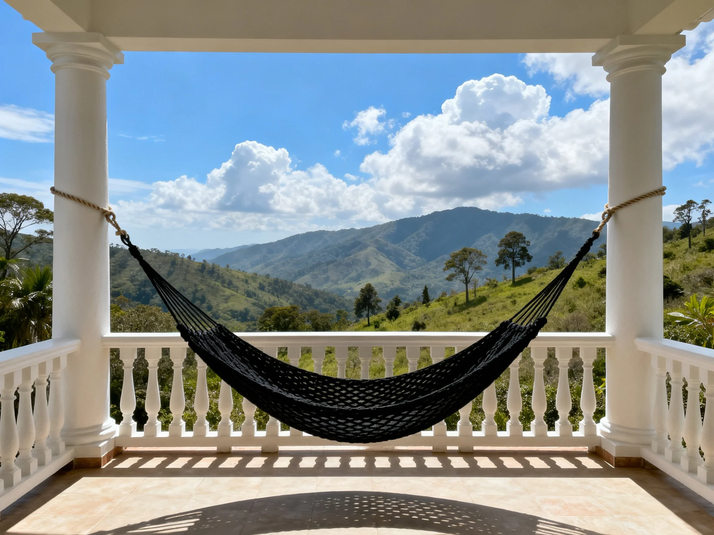 A black hammock between white columns overlooks mountainous landscape