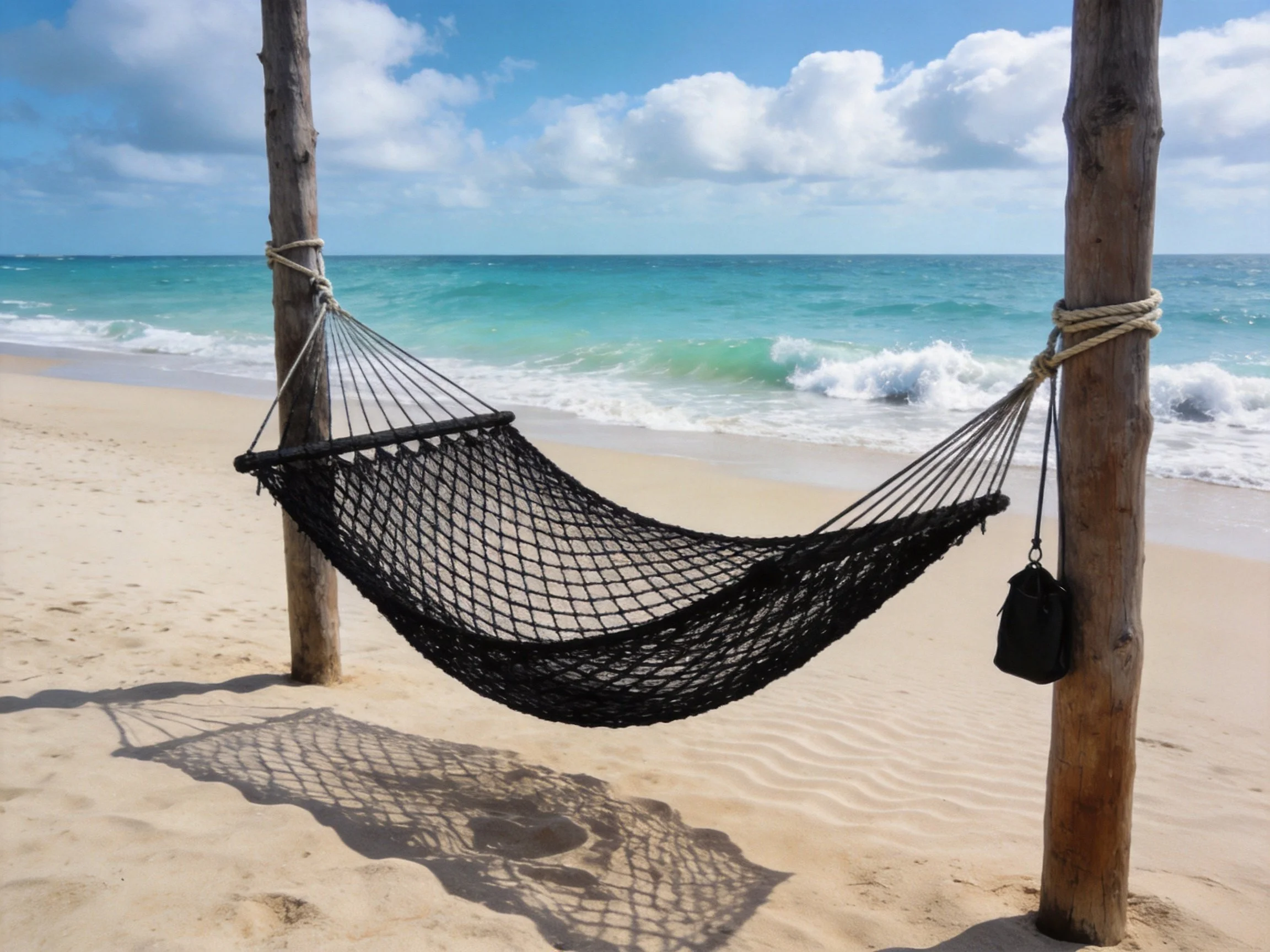 A black hammock between wooden posts on a sandy beach near turquoise ocean