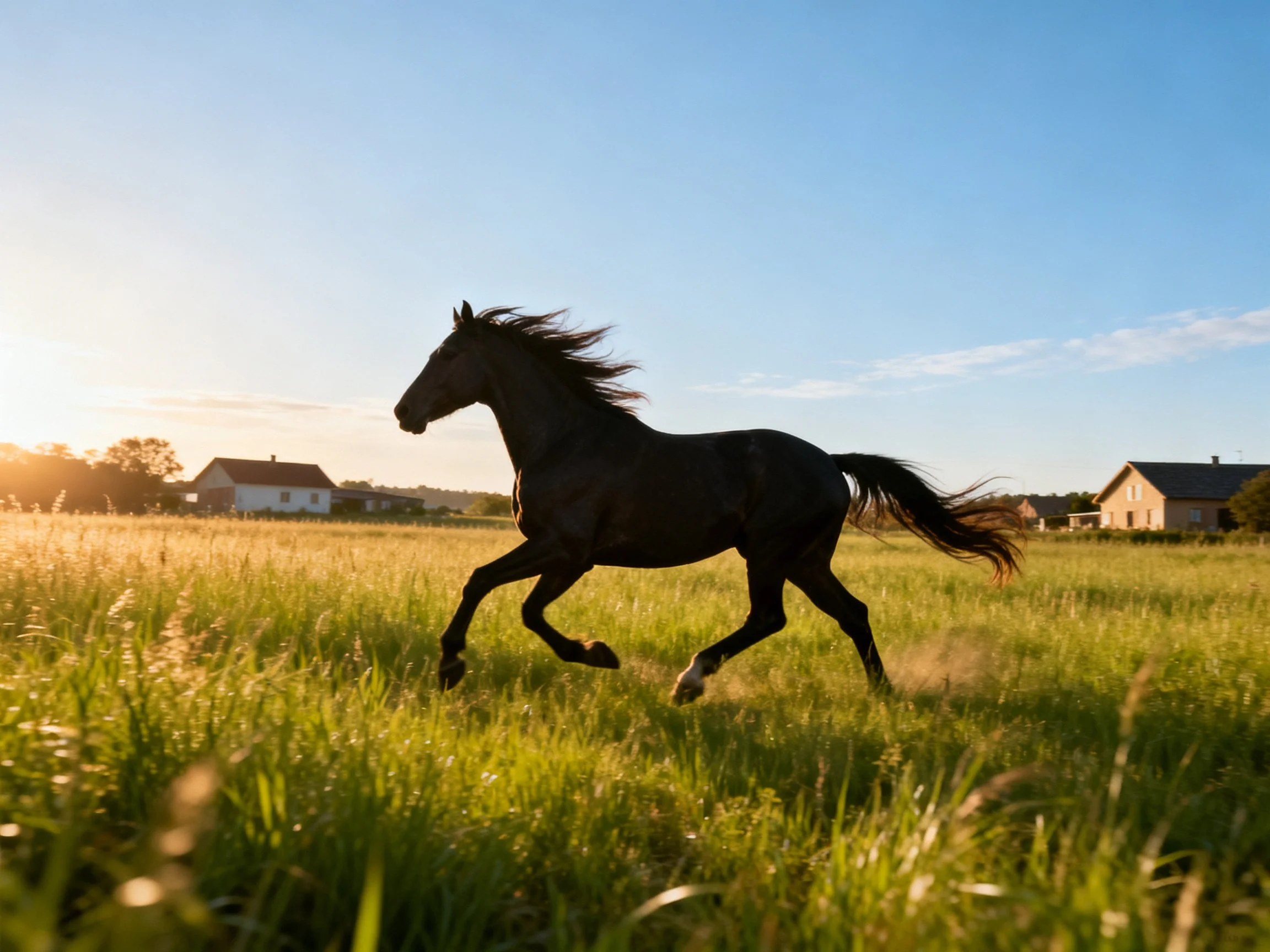 A black horse galloping through tall green grass near farmhouses at sunset