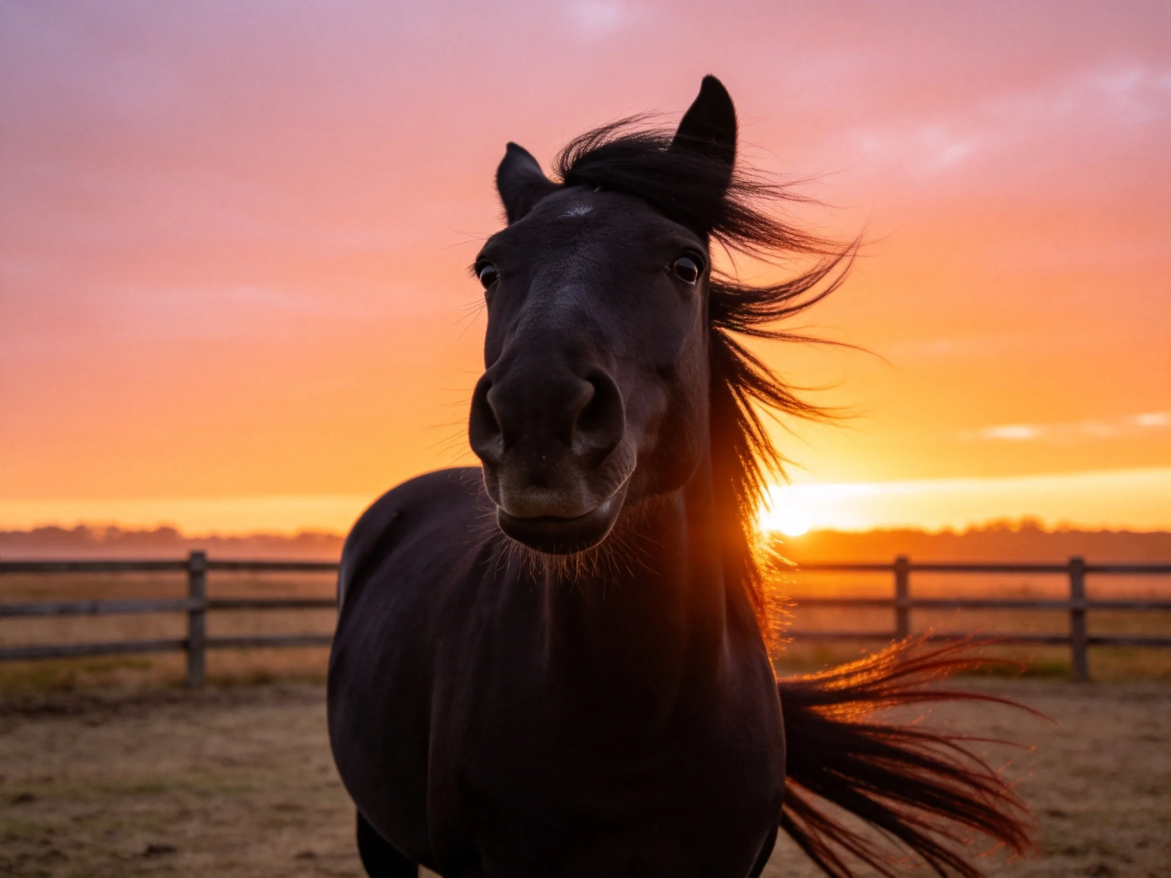 A black horse stands near a wooden fence under a vibrant sunset