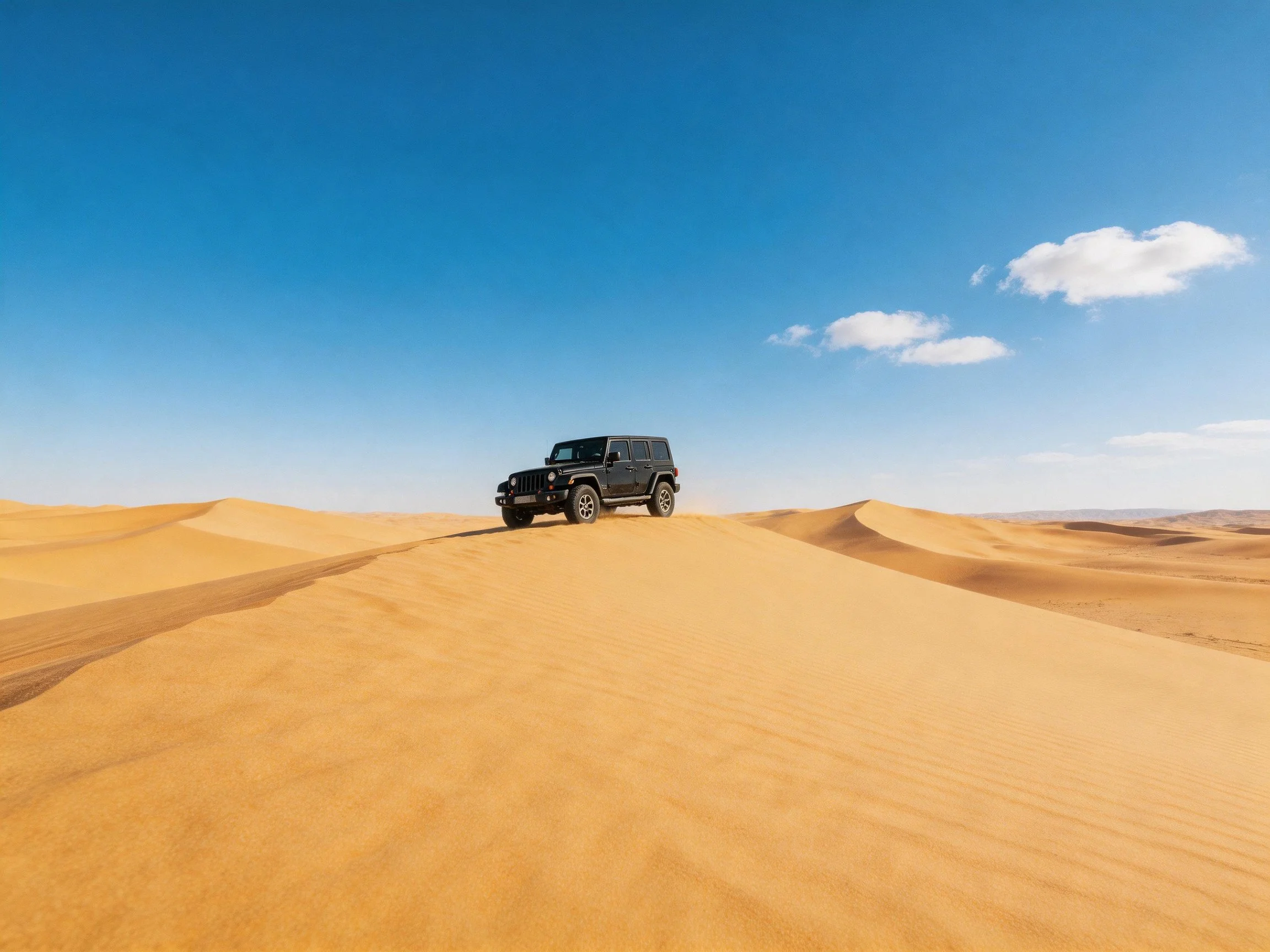 A black jeep driving on golden sand dunes under clear blue sky