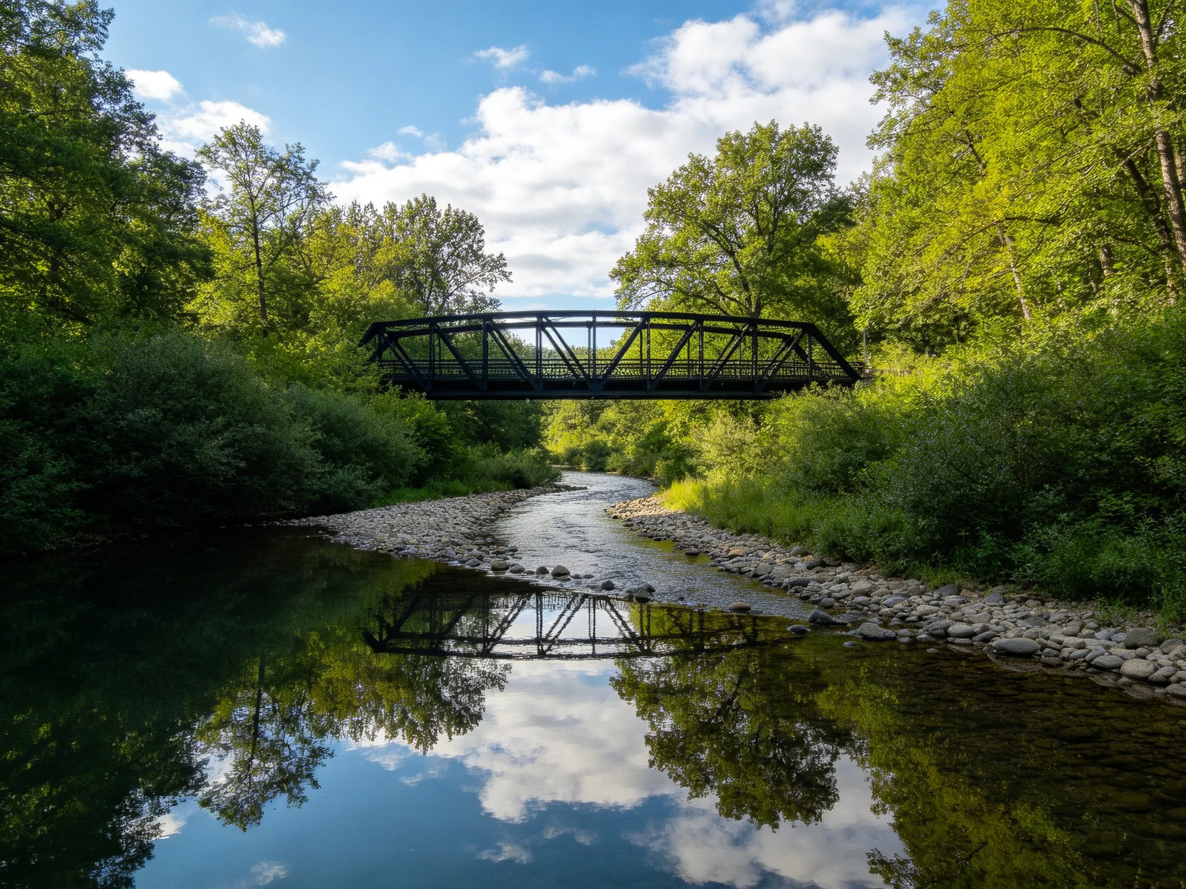 A black metal bridge spans a rocky stream with lush green surroundings.