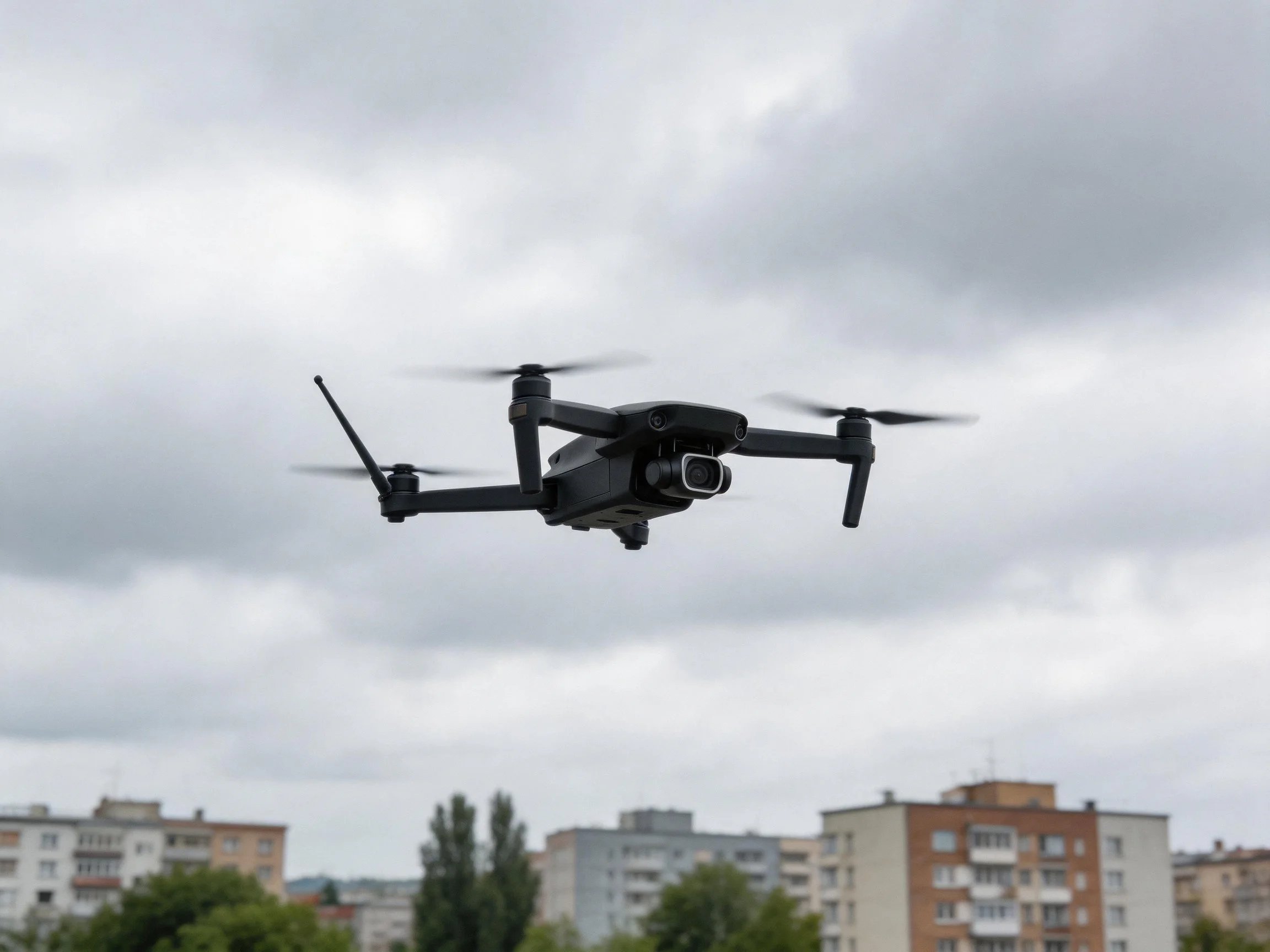 A black quadcopter drone soars above city buildings under a cloudy sky