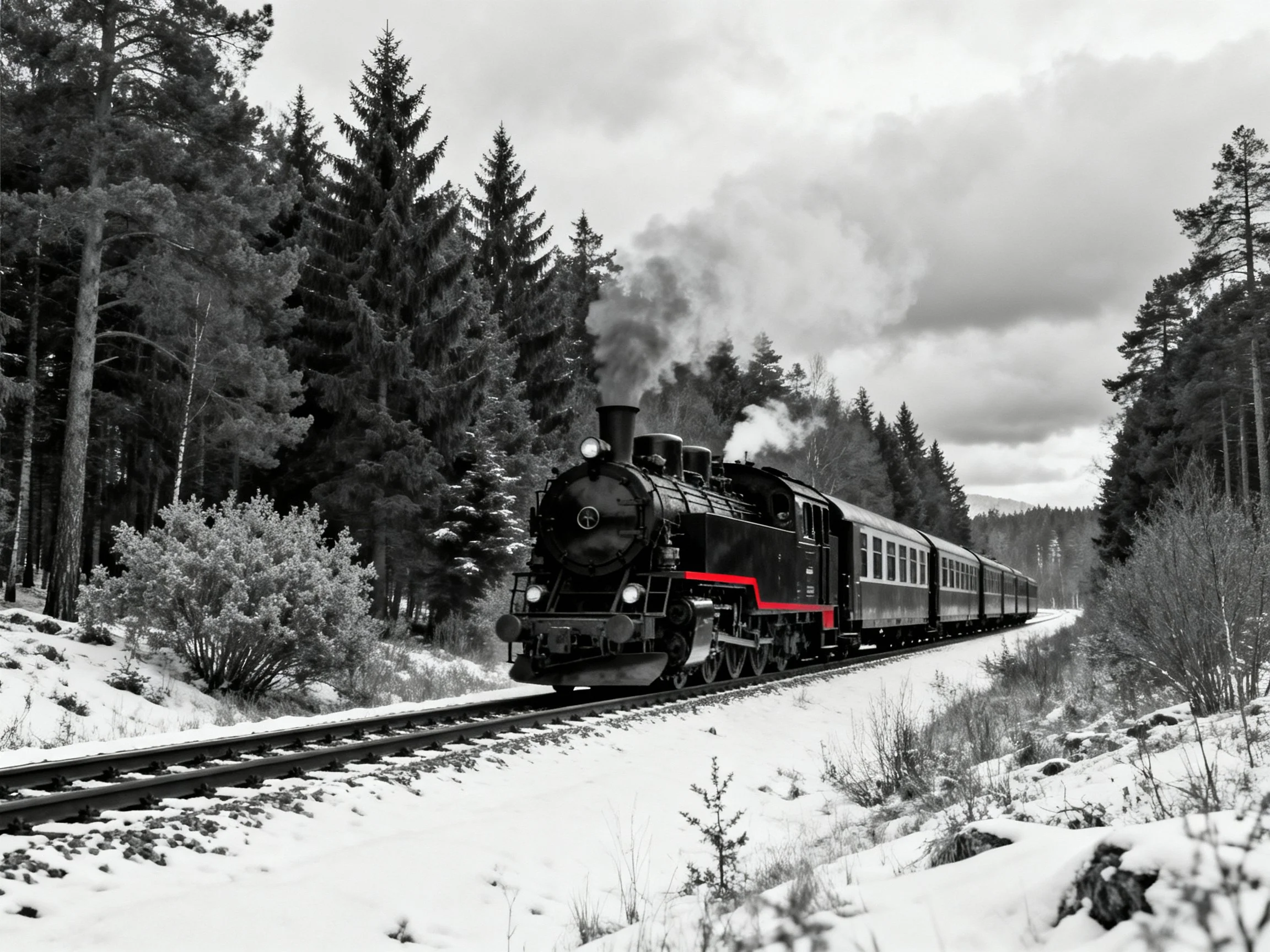 A black steam locomotive travels through a snow - covered forest