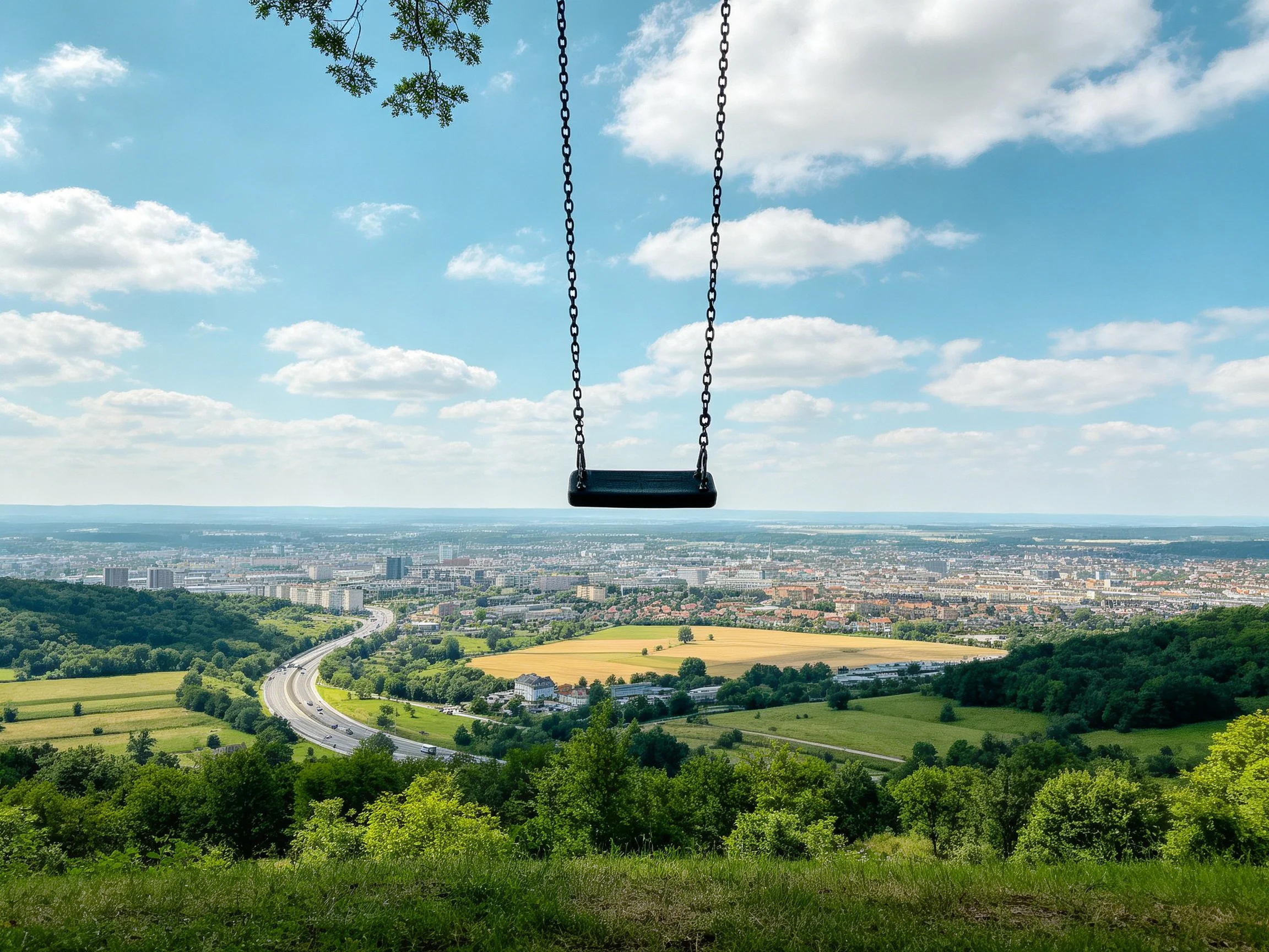A black swing overlooks a sprawling urban landscape with green hills