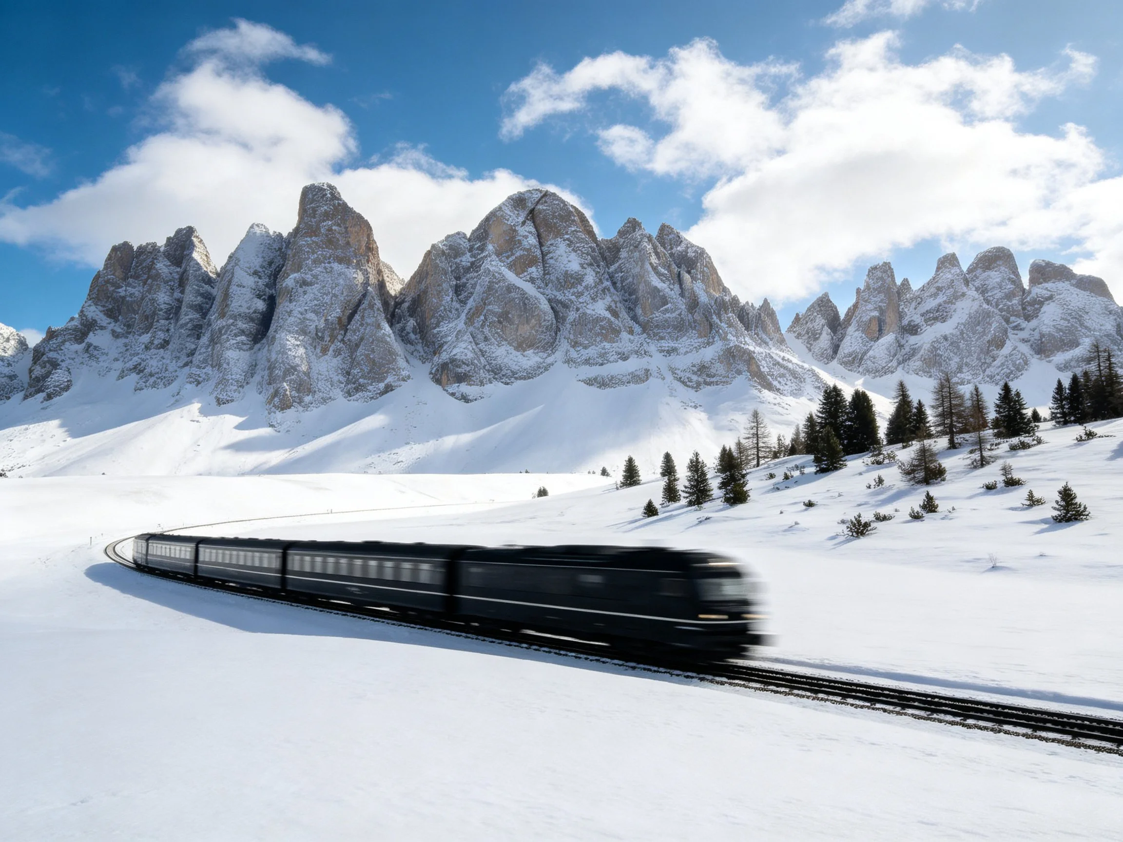 A black train speeds through a snow-covered mountainous landscape