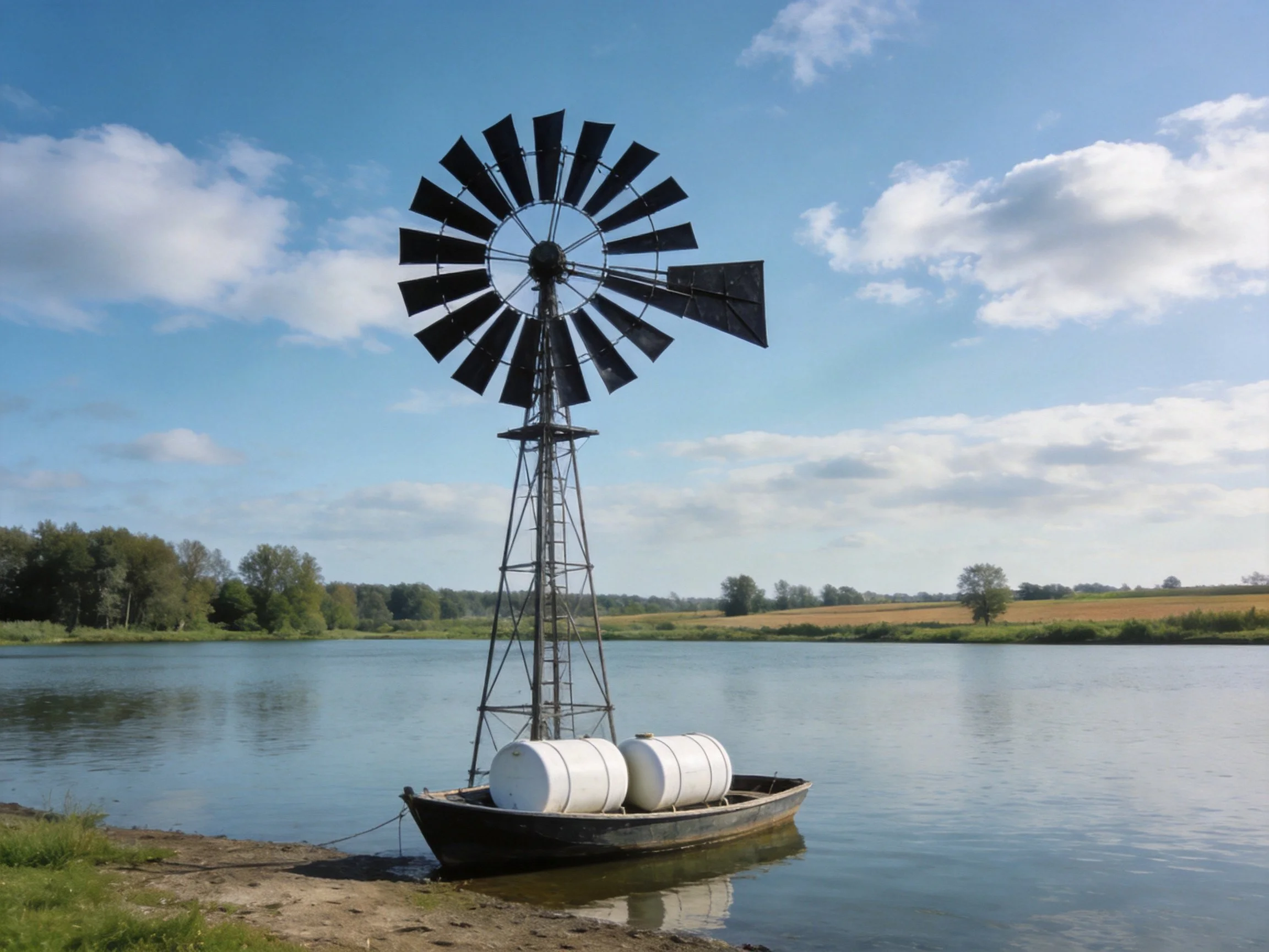 A black windmill tower on a boat with two white barrels by calm water