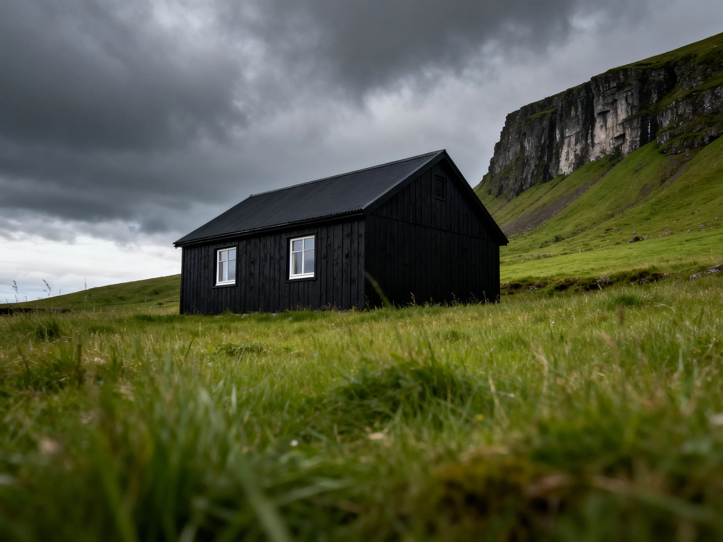A black wooden cabin in a lush green meadow near rocky cliffs